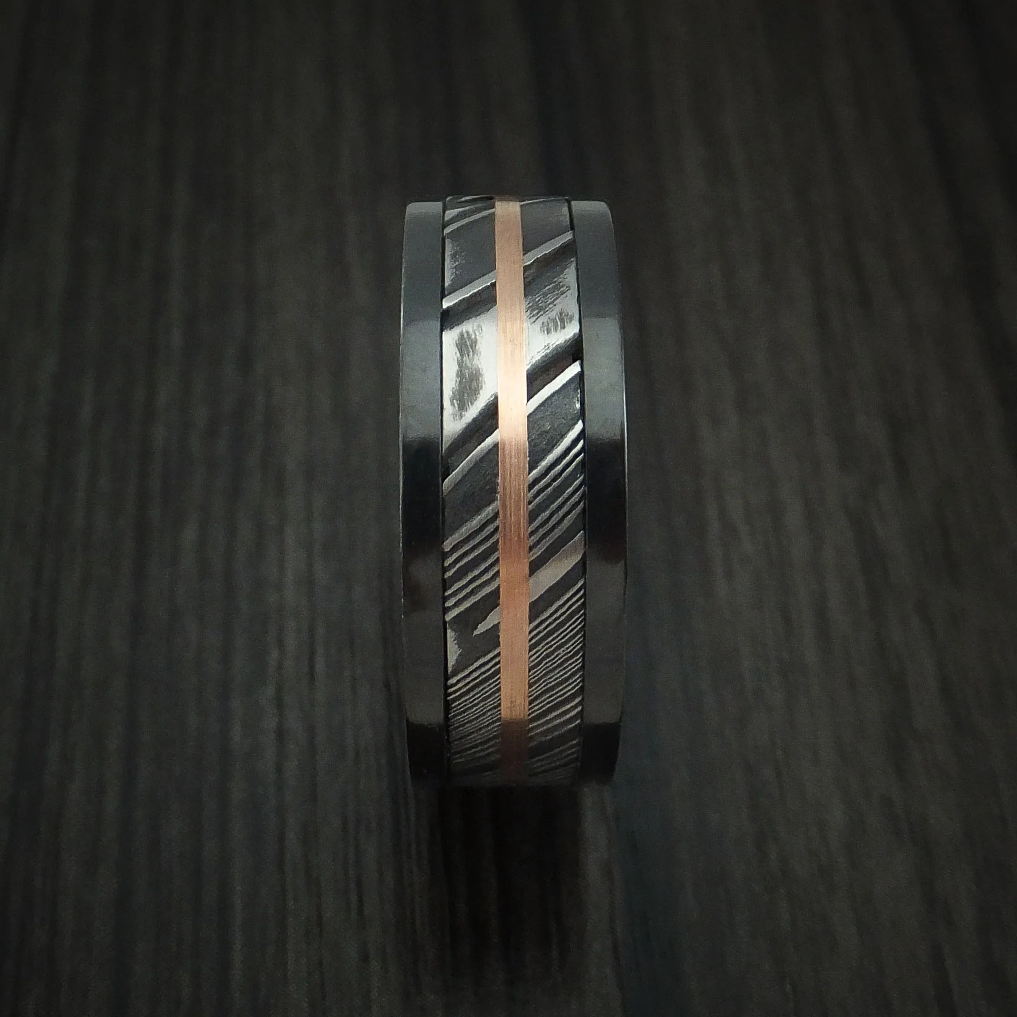 Black Zirconium and Woodgrain Kuro Damascus Steel Band 14K Rose Gold Center Custom Made Men's Ring - Image 3