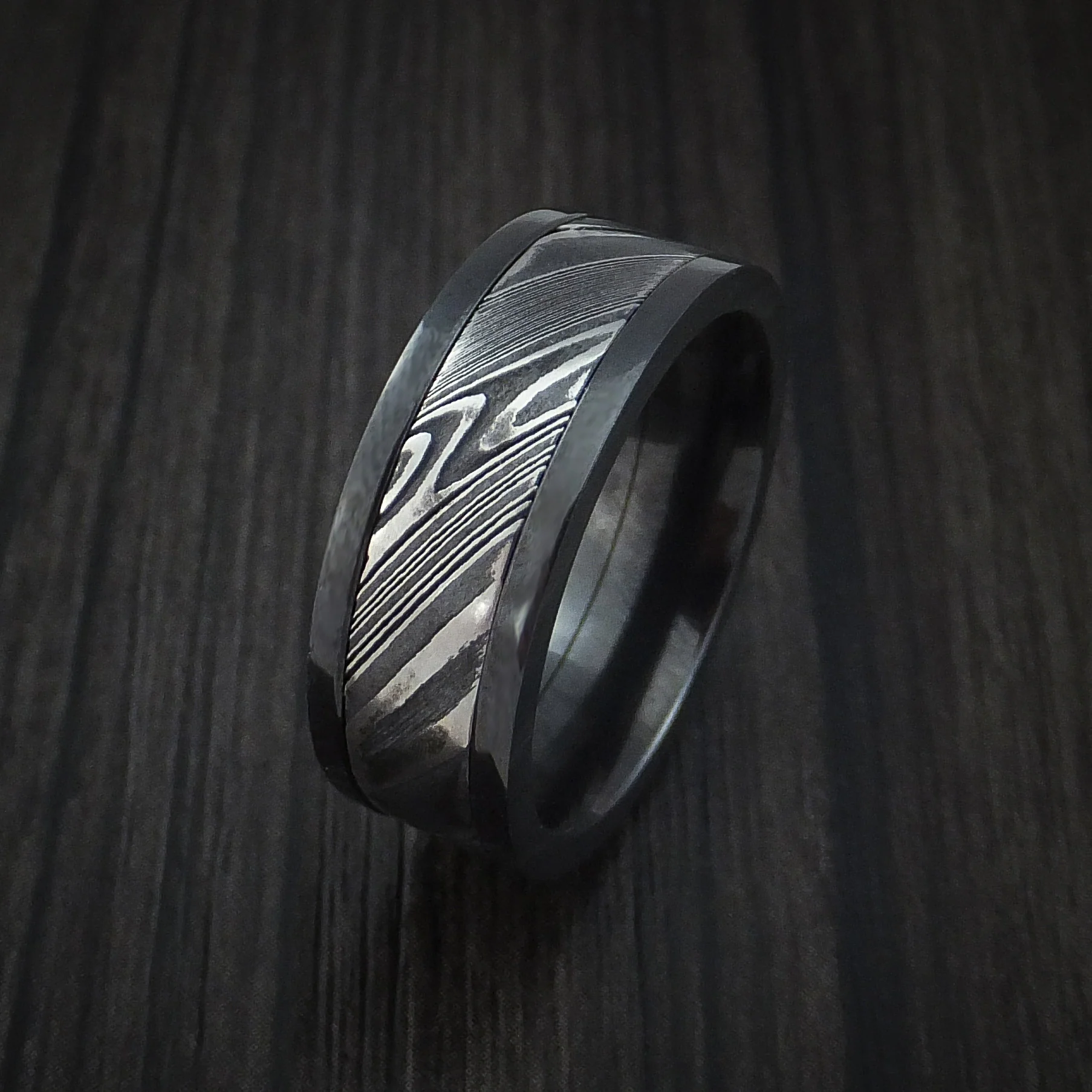 Black Zirconium and Woodgrain Kuro Damascus Steel Band Custom Made Men's Ring - Image 4