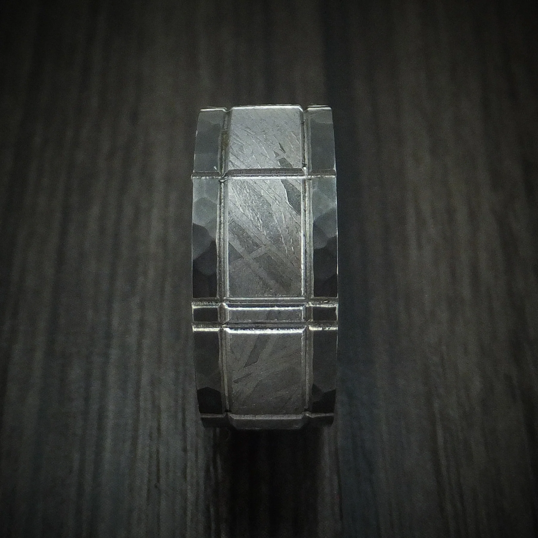 Black Zirconium and Meteorite Crosshatch Design Men's Ring Custom Made Band - Image 3