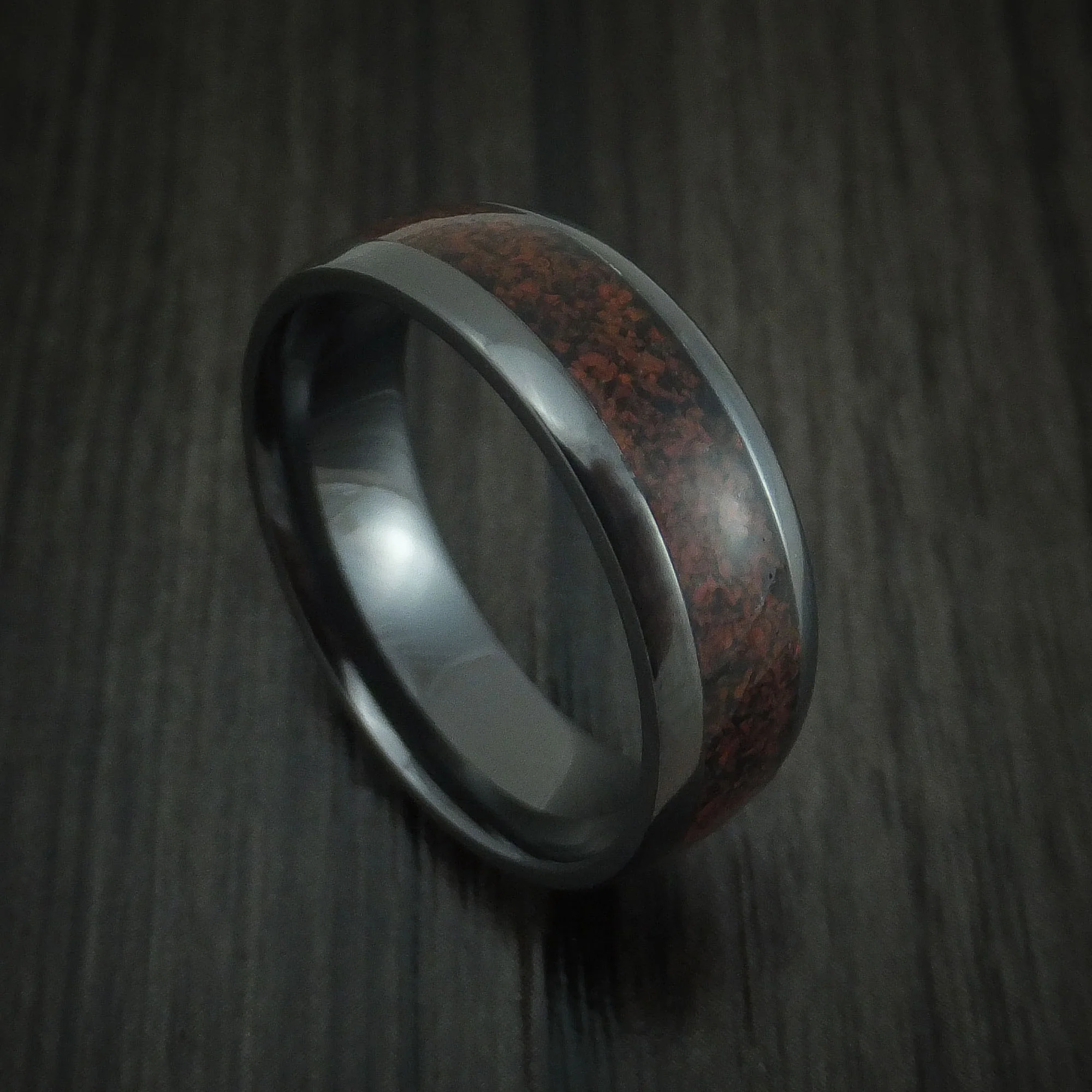 Black Zirconium and Red Dinosaur Bone Men's Ring Custom Made Fossil Band