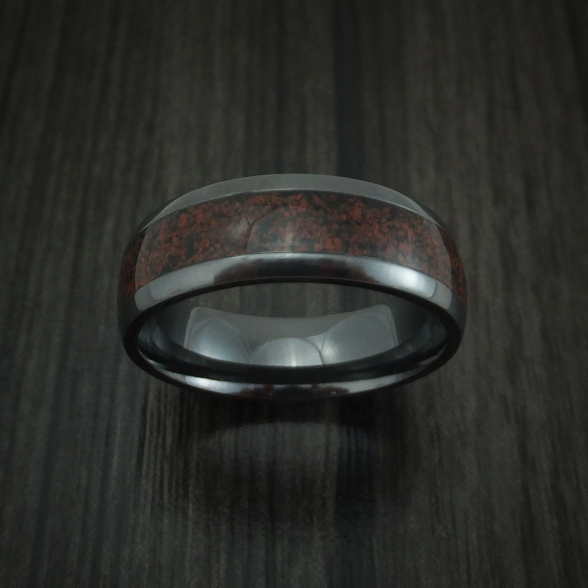 Black Zirconium and Red Dinosaur Bone Men's Ring Custom Made Fossil Band - Image 2