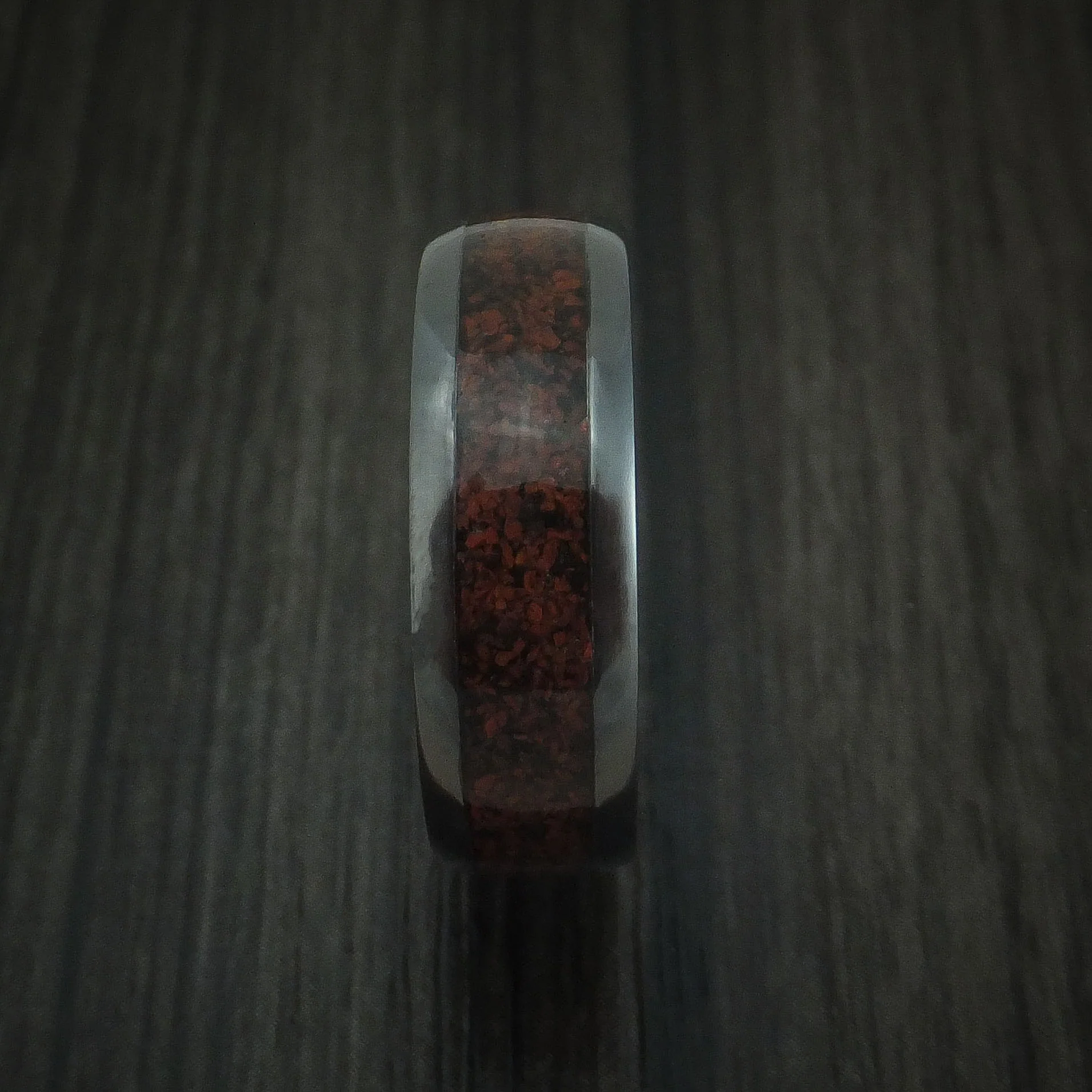 Black Zirconium and Red Dinosaur Bone Men's Ring Custom Made Fossil Band - Image 3
