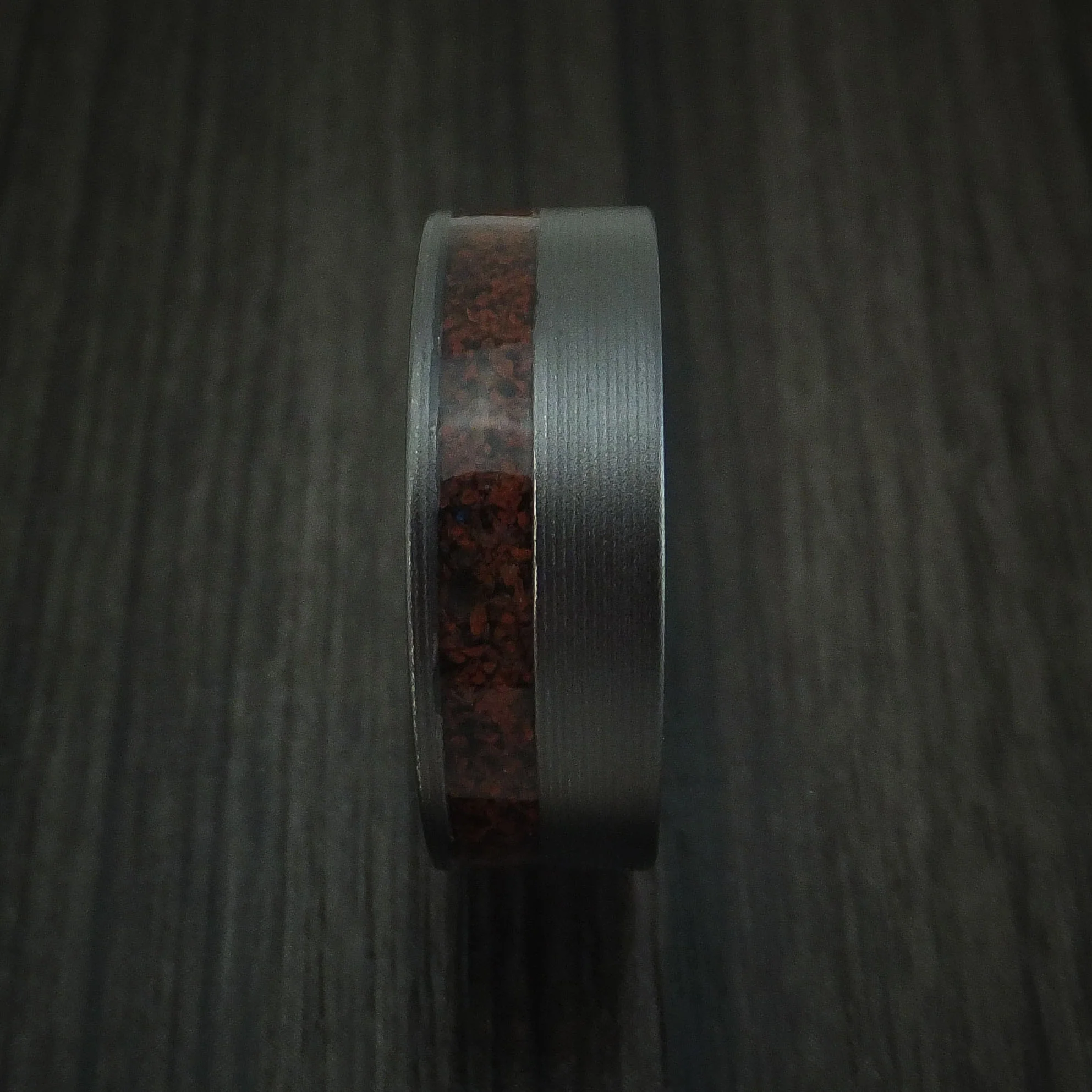 Black Zirconium and Red Dinosaur Bone Men's Ring Custom Made Fossil Band - Image 3