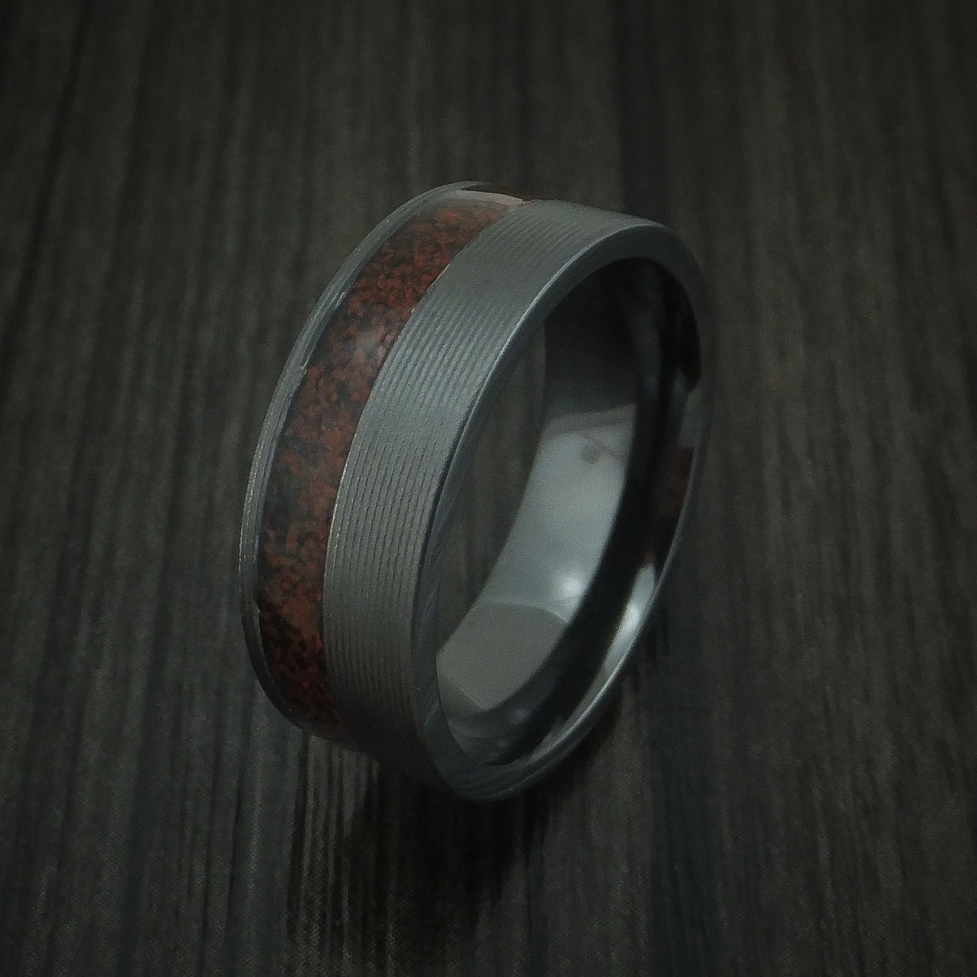 Black Zirconium and Red Dinosaur Bone Men's Ring Custom Made Fossil Band - Image 4