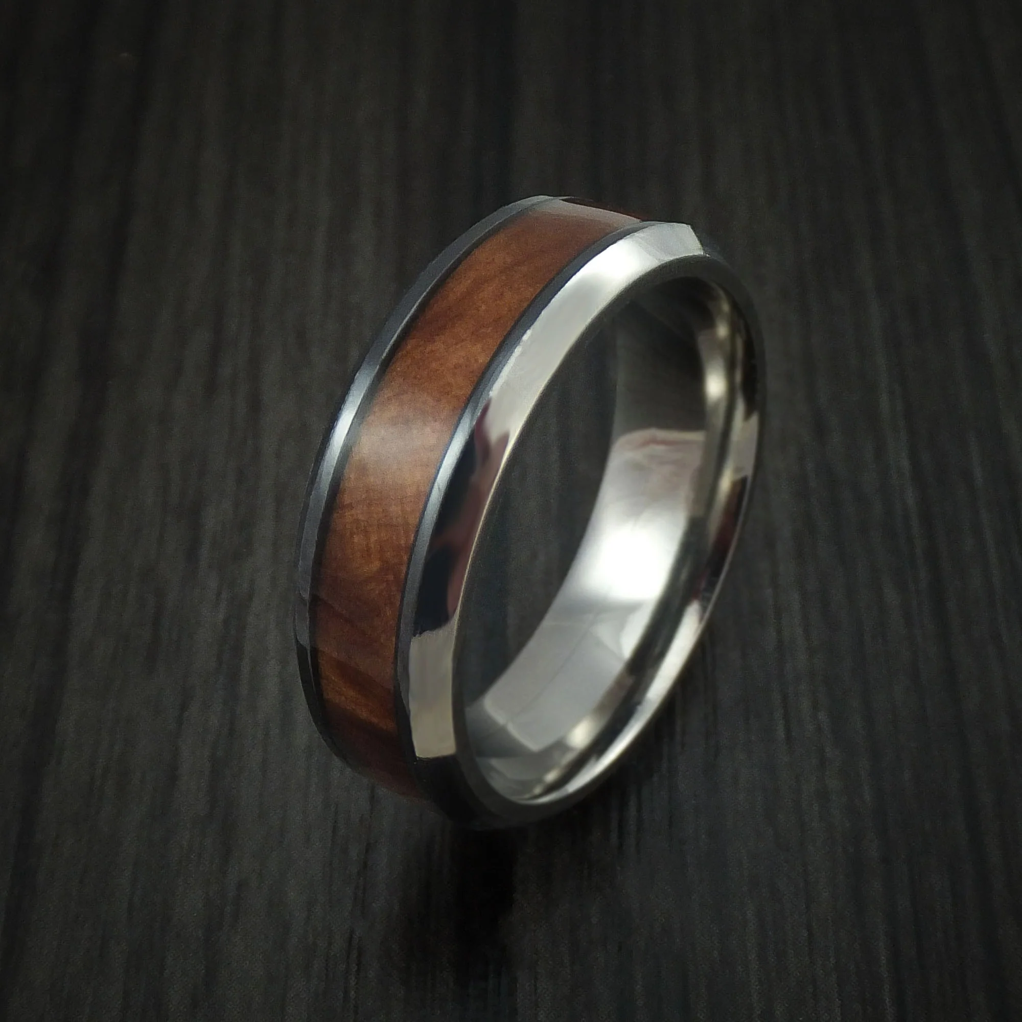 Black Zirconium and Thuya Burl Wood Hard Wood Men's Ring Custom Made - Image 4
