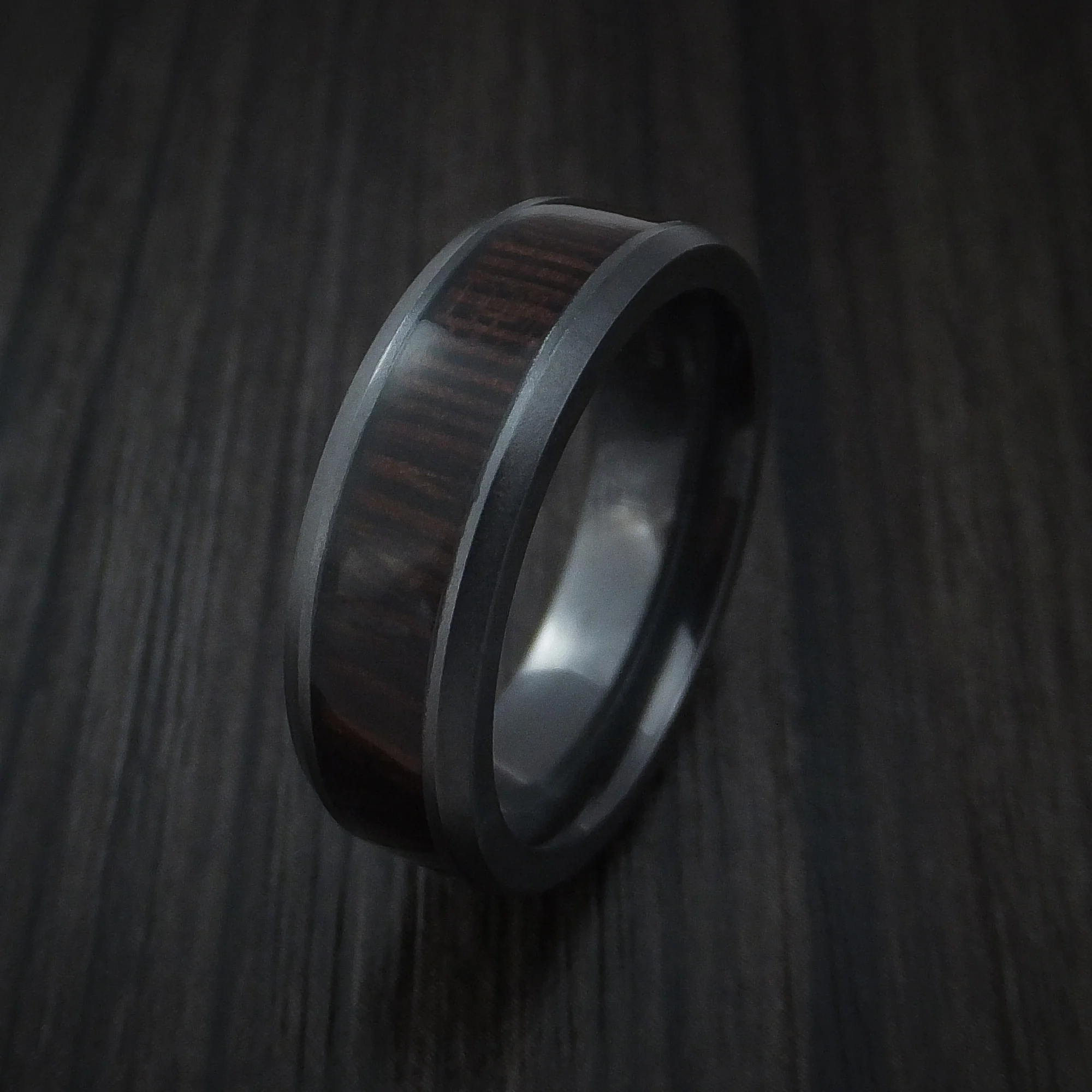 Black Zirconium Men's Ring Inlaid with Wenge Wood Custom Made - Image 4