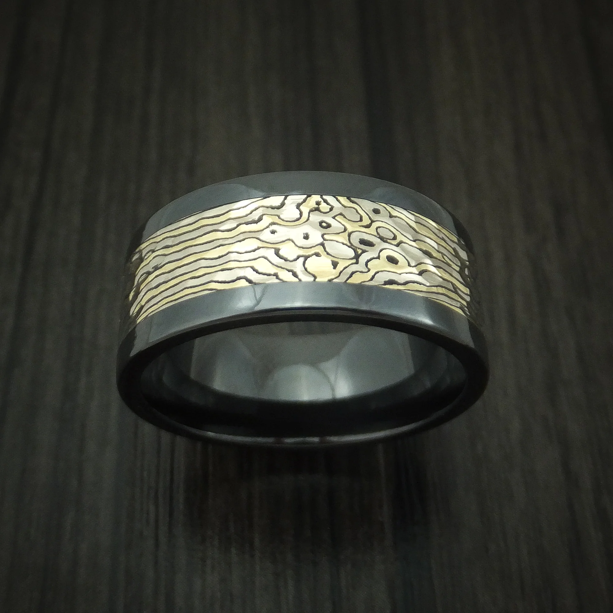 Black Zirconium and Yellow Gold Mokume Shakudo Hammered Men's Ring Custom Made Band - Image 2
