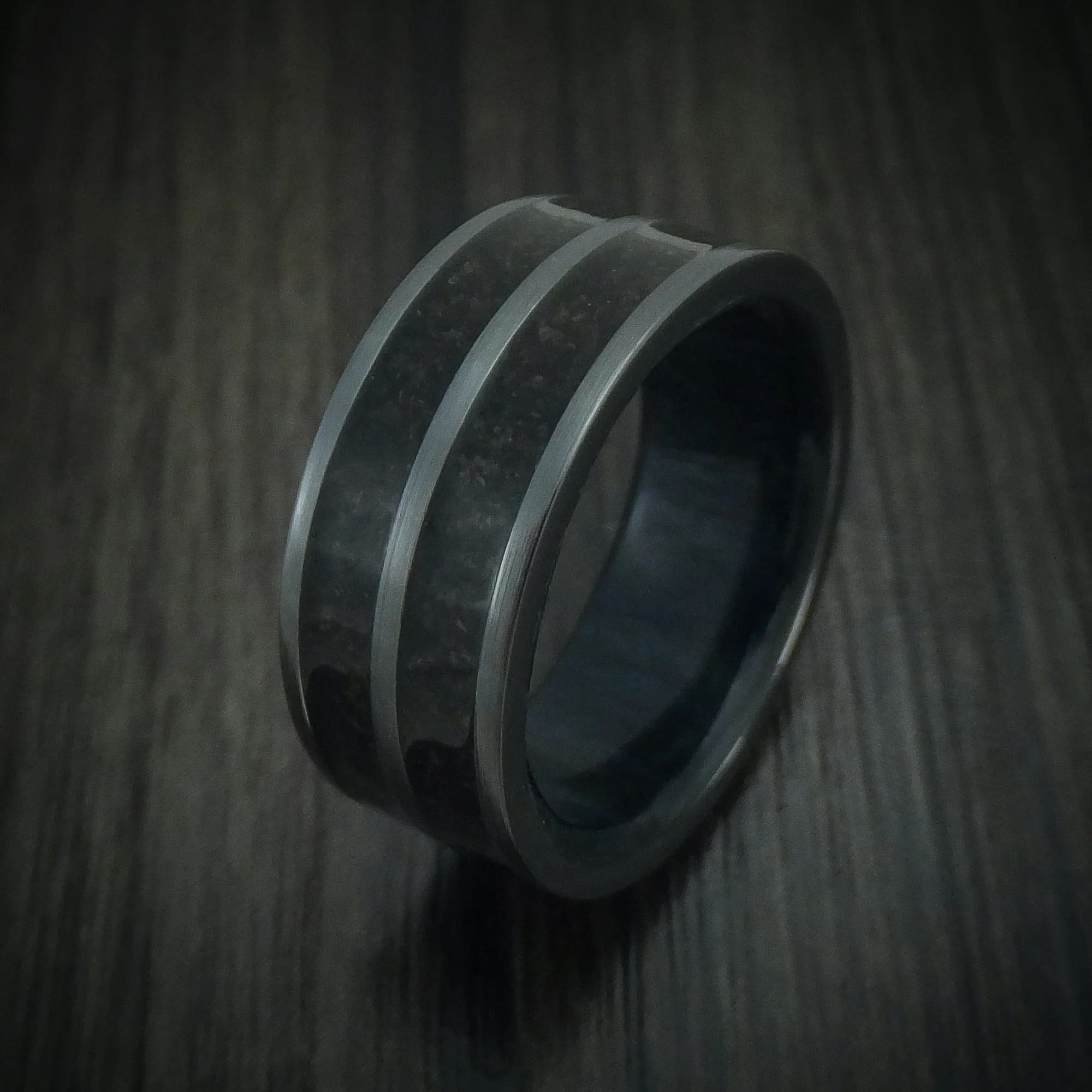 Black Zirconium Dinosaur Bone Men's Ring with Hardwood Sleeve - Image 4