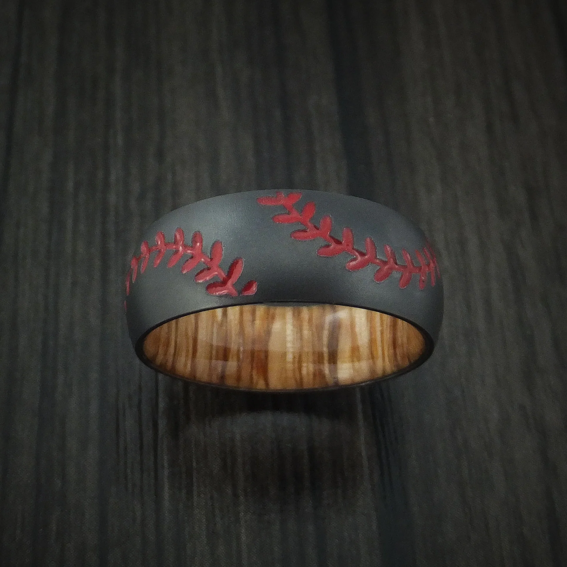 Black Zirconium Double Stitch Baseball Men's Ring with Custom Color and Hardwood Sleeve - Image 2