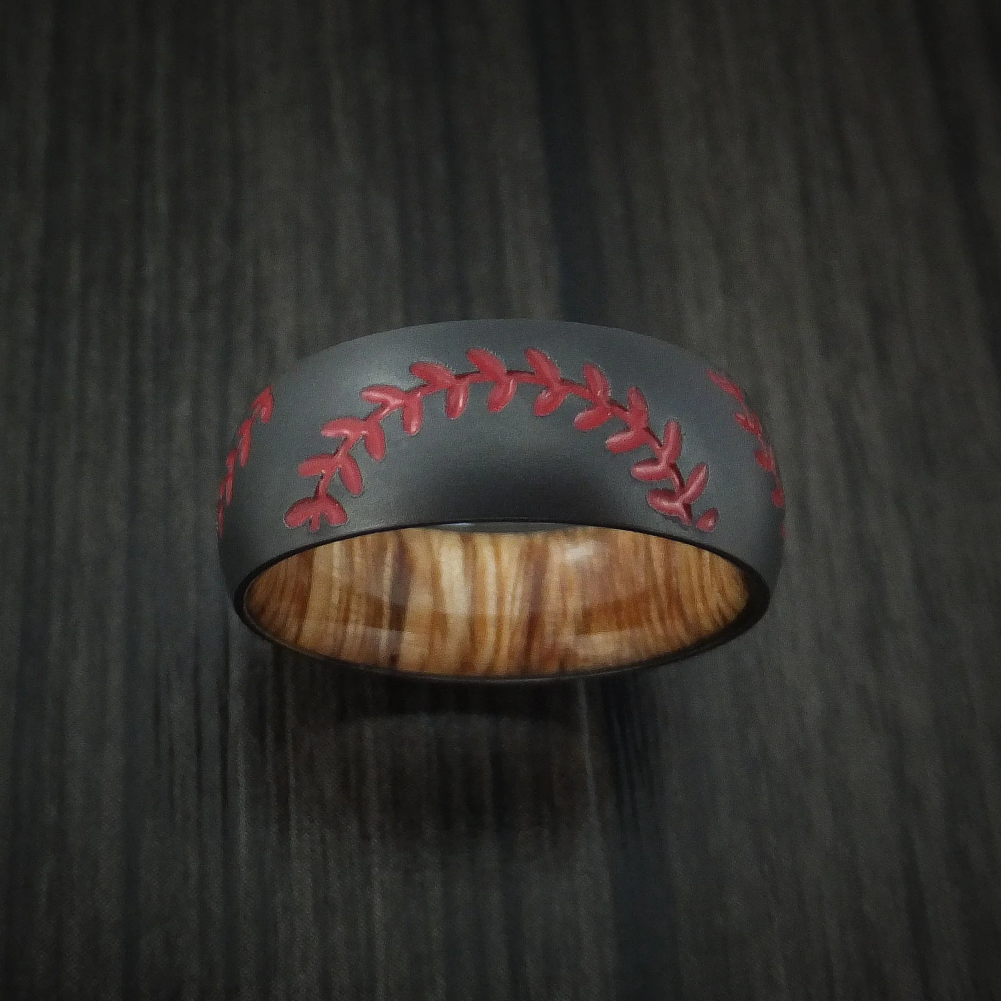 Black Zirconium Double Stitch Baseball Men's Ring with Custom Color and Hardwood Sleeve - Image 3
