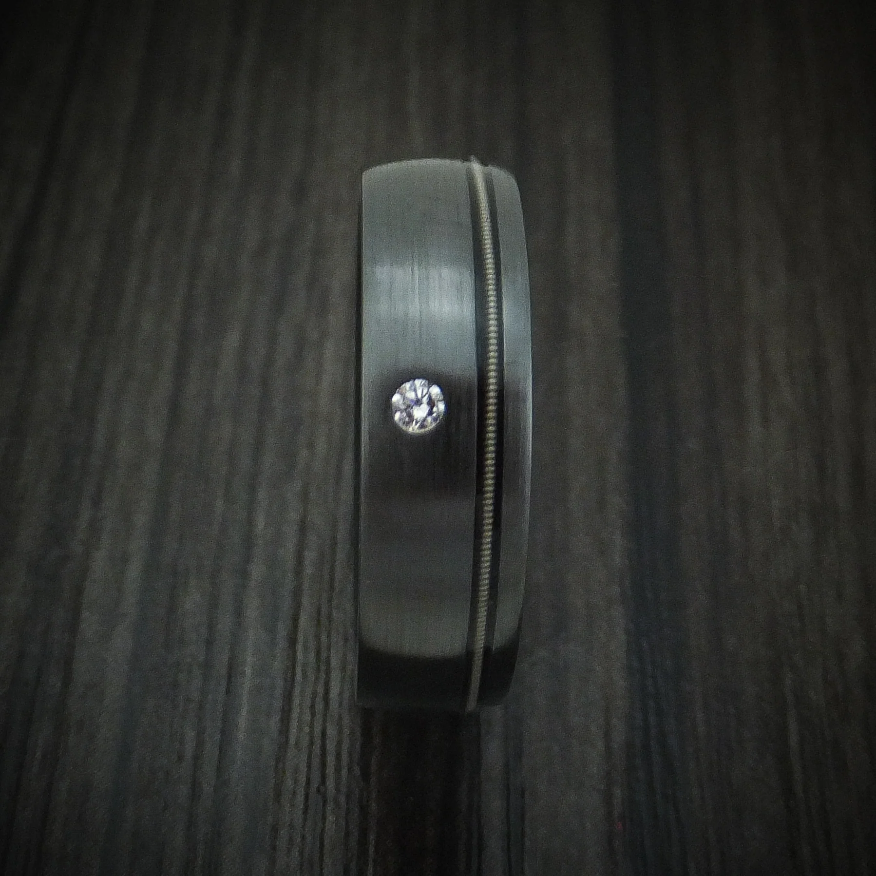 Black Zirconium Guitar String Men's Ring with Diamond and Wood Sleeve Custom Made - Image 3