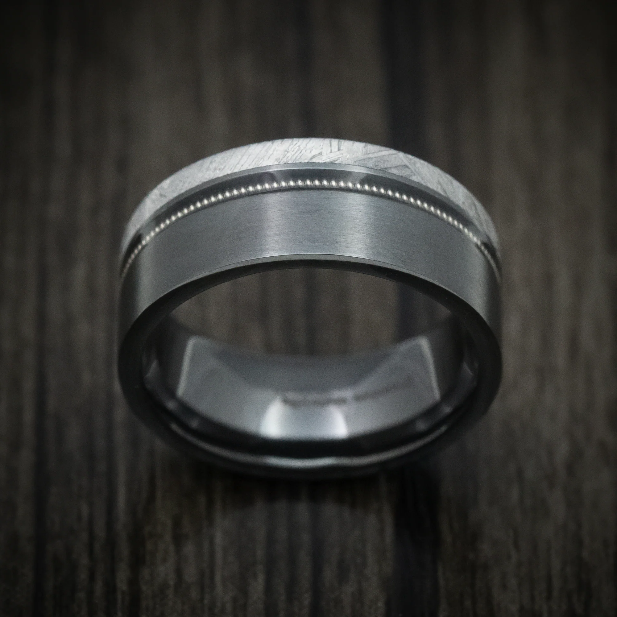 Black Zirconium Guitar String Men's Ring with Gibeon Meteorite Inlay Custom Made Band - Image 2