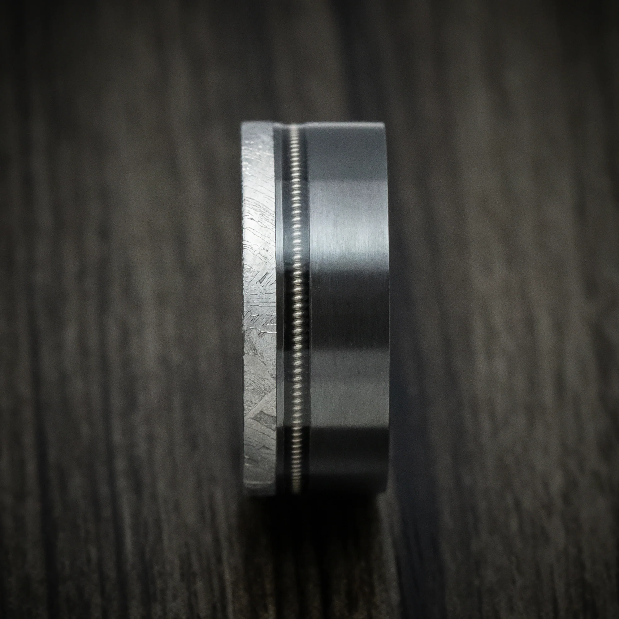 Black Zirconium Guitar String Men's Ring with Gibeon Meteorite Inlay Custom Made Band - Image 3