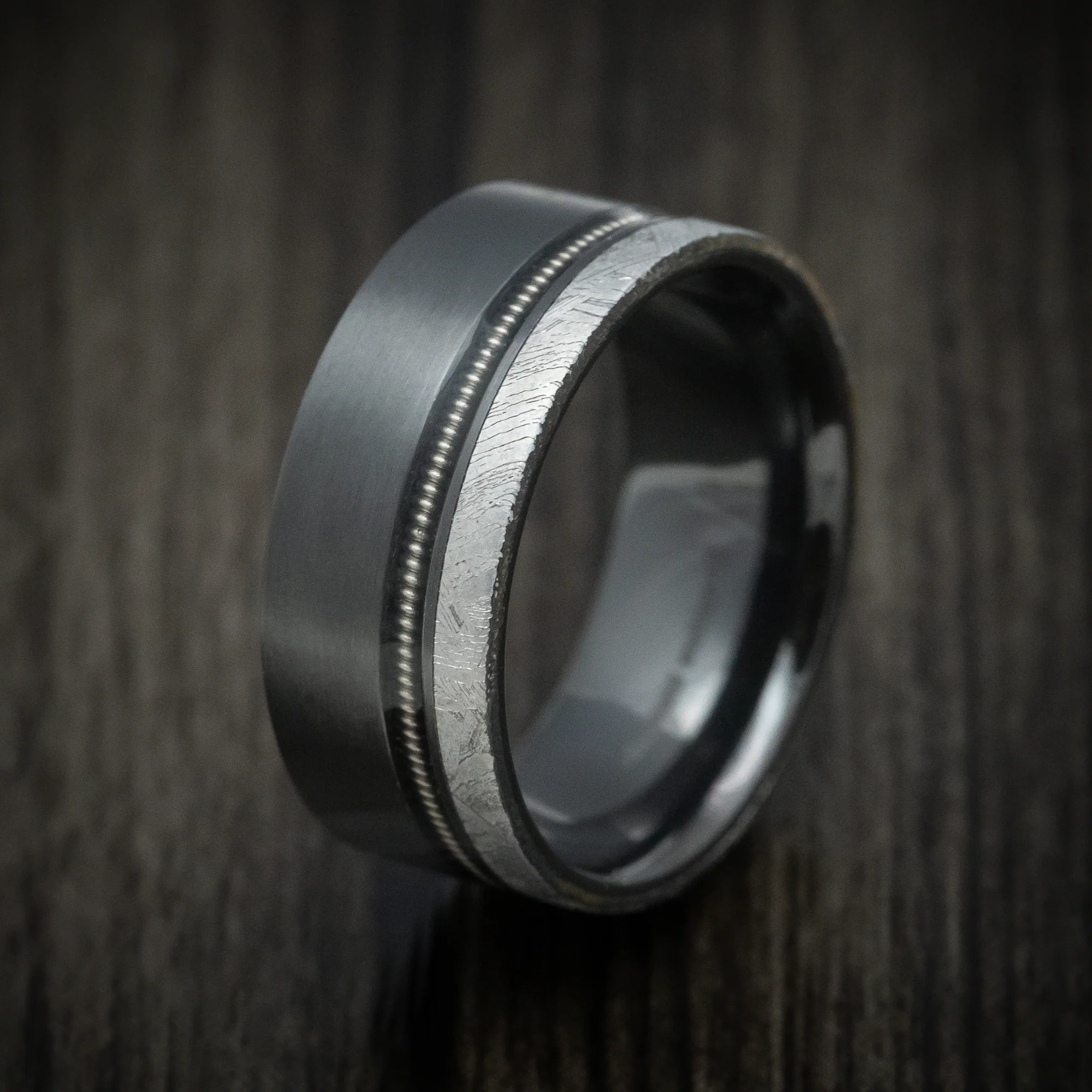 Black Zirconium Guitar String Men's Ring with Gibeon Meteorite Inlay Custom Made Band - Image 4