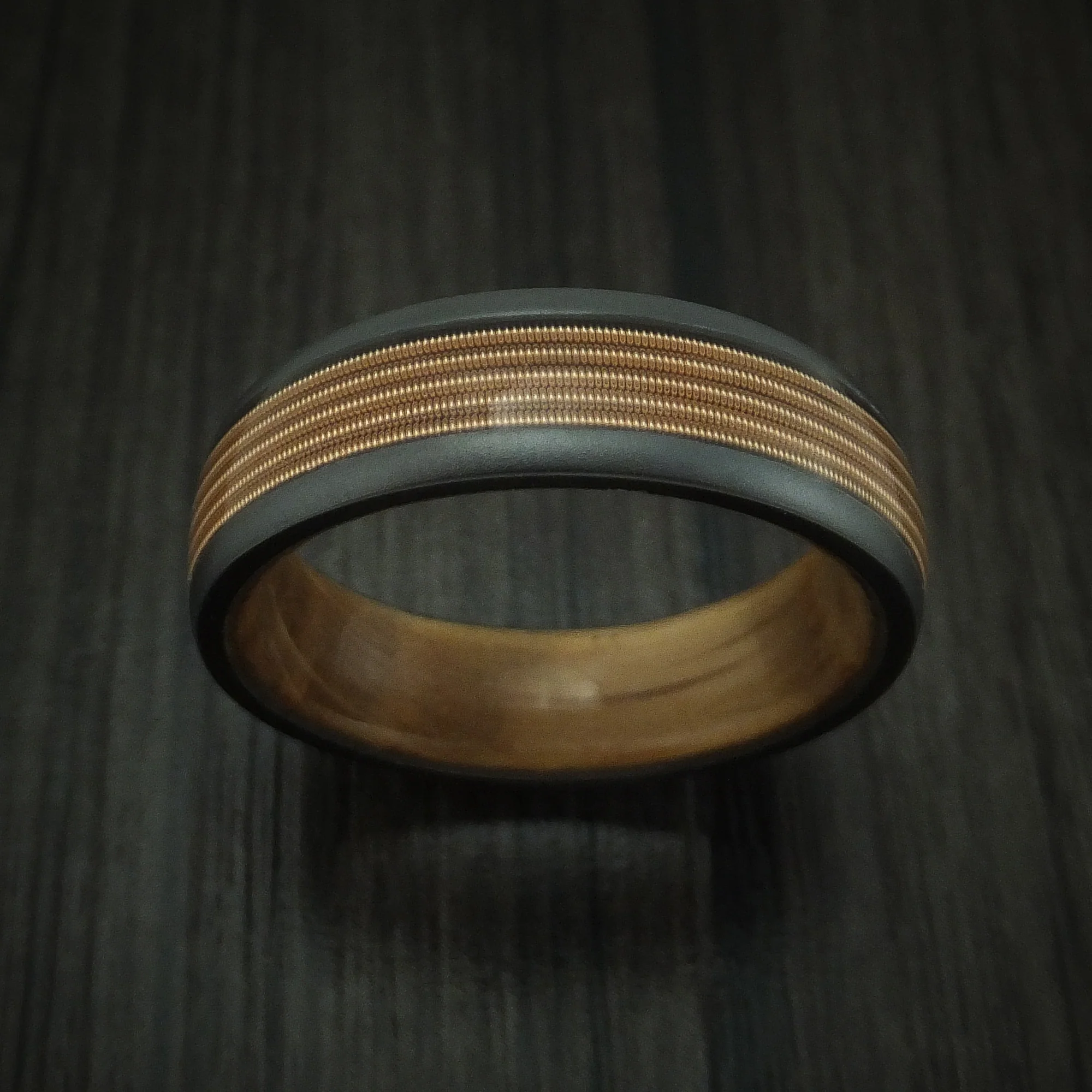 Black Zirconium Guitar String Men's Ring With Hardwood Sleeve Custom Made Band - Image 2