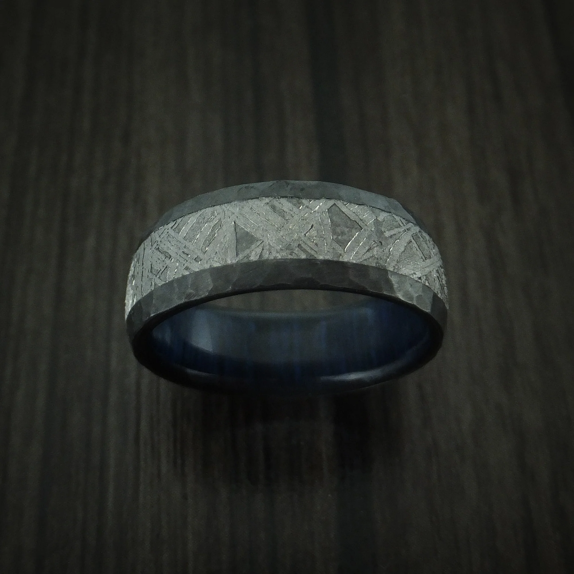 Black Zirconium Men's Ring with Gibeon Meteorite Inlay and Interior Hardwood Sleeve Custom Made Band - Image 2