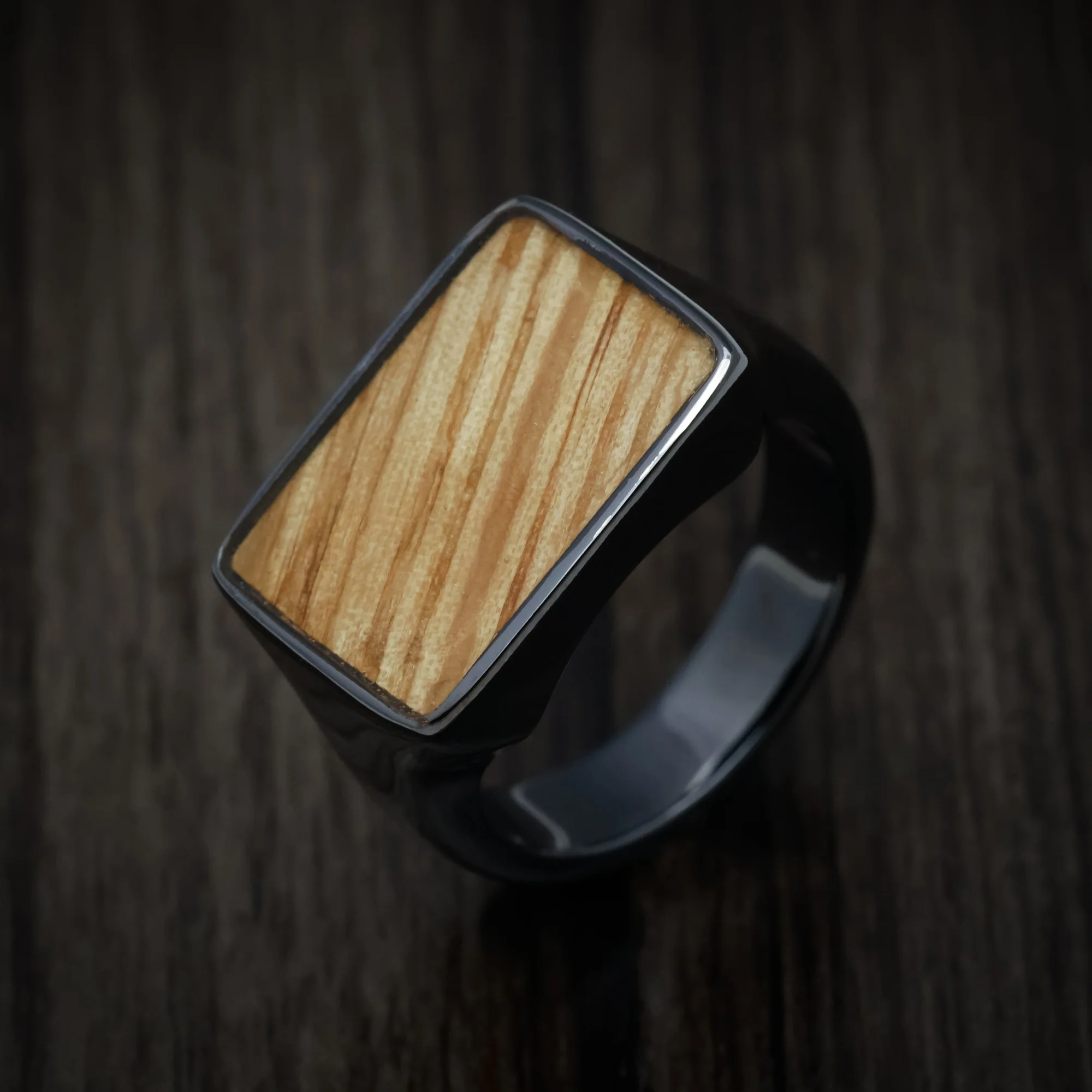 Black Zirconium Large Signet Ring with Oak Wood Inlay - Image 3