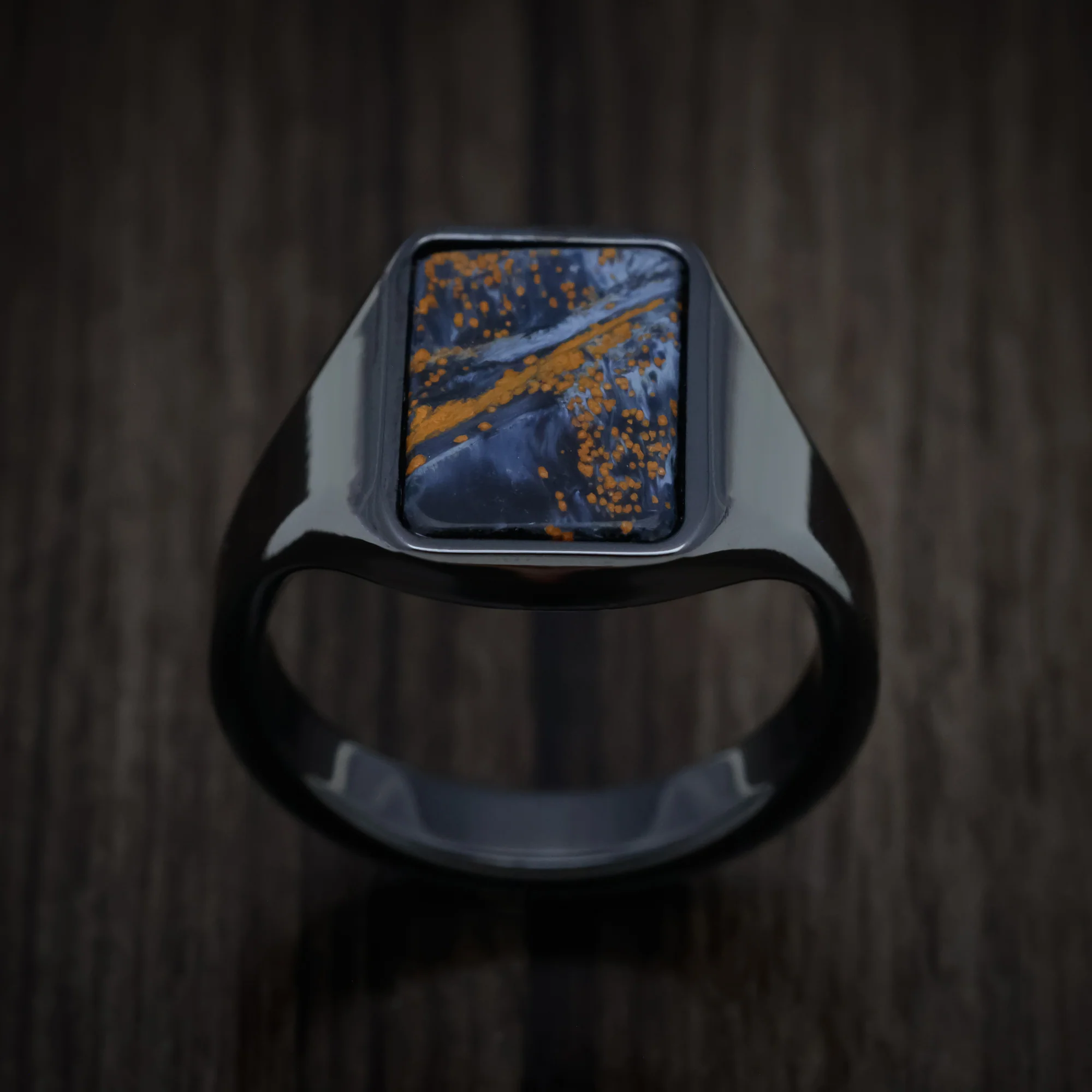 Black Zirconium Medium Signet Ring with Pietersite Stone Inlay - Image 2