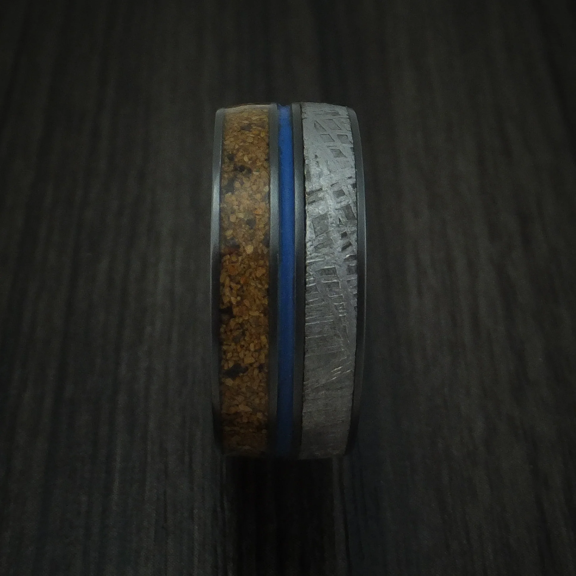 Black Zirconium Mixed Dinosaur Bone And Gibeon Meteorite Men's Ring With Cerakote Inlay Custom Made Fossil Band - Image 3