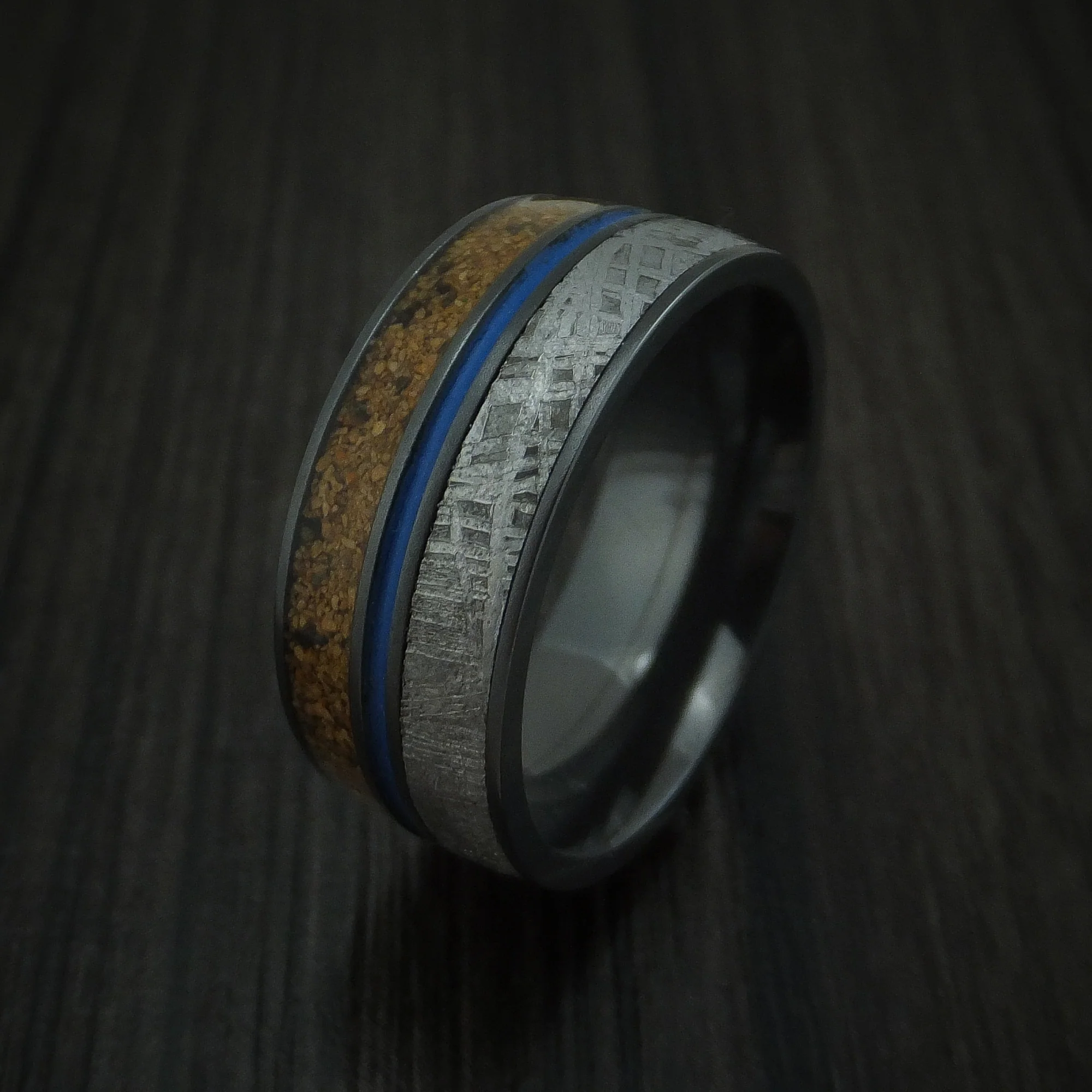 Black Zirconium Mixed Dinosaur Bone And Gibeon Meteorite Men's Ring With Cerakote Inlay Custom Made Fossil Band - Image 4