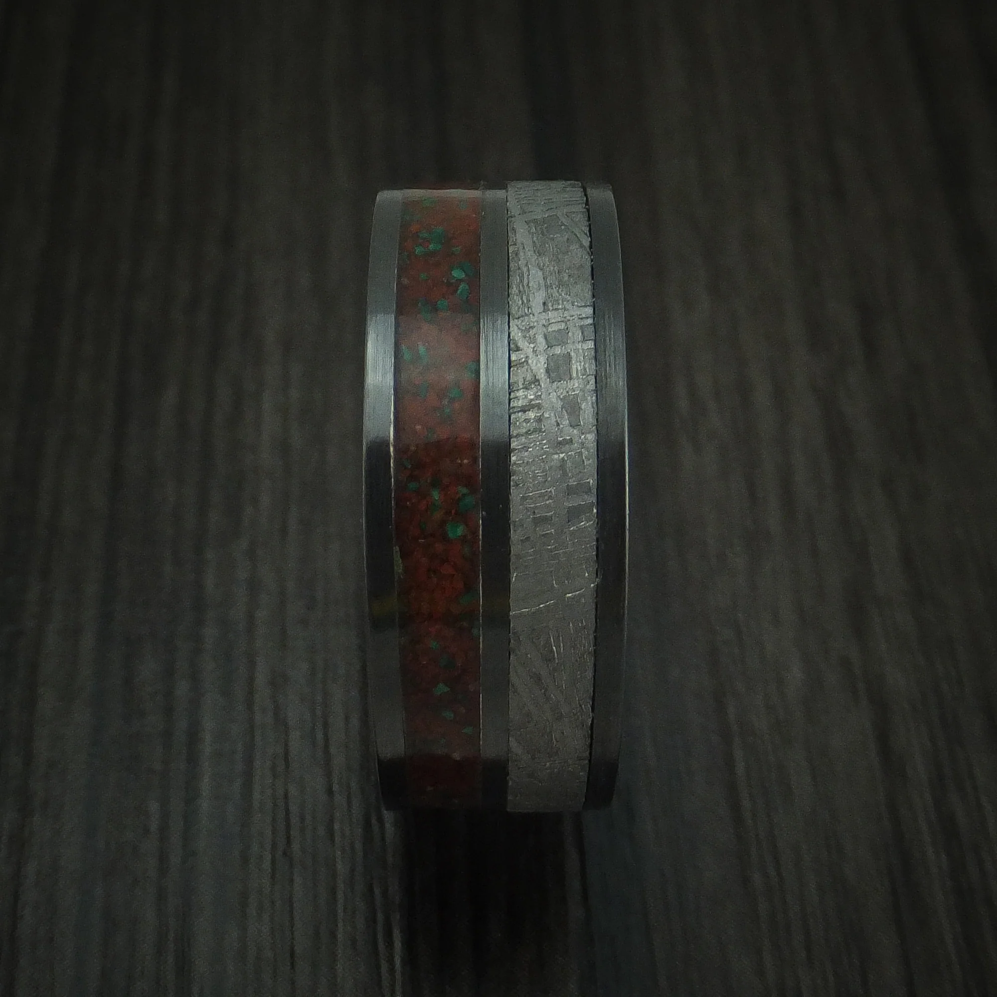 Black Zirconium Mixed Dinosaur Bone And Gibeon Meteorite Men's Ring With Wood Sleeve Custom Made Fossil Band - Image 3