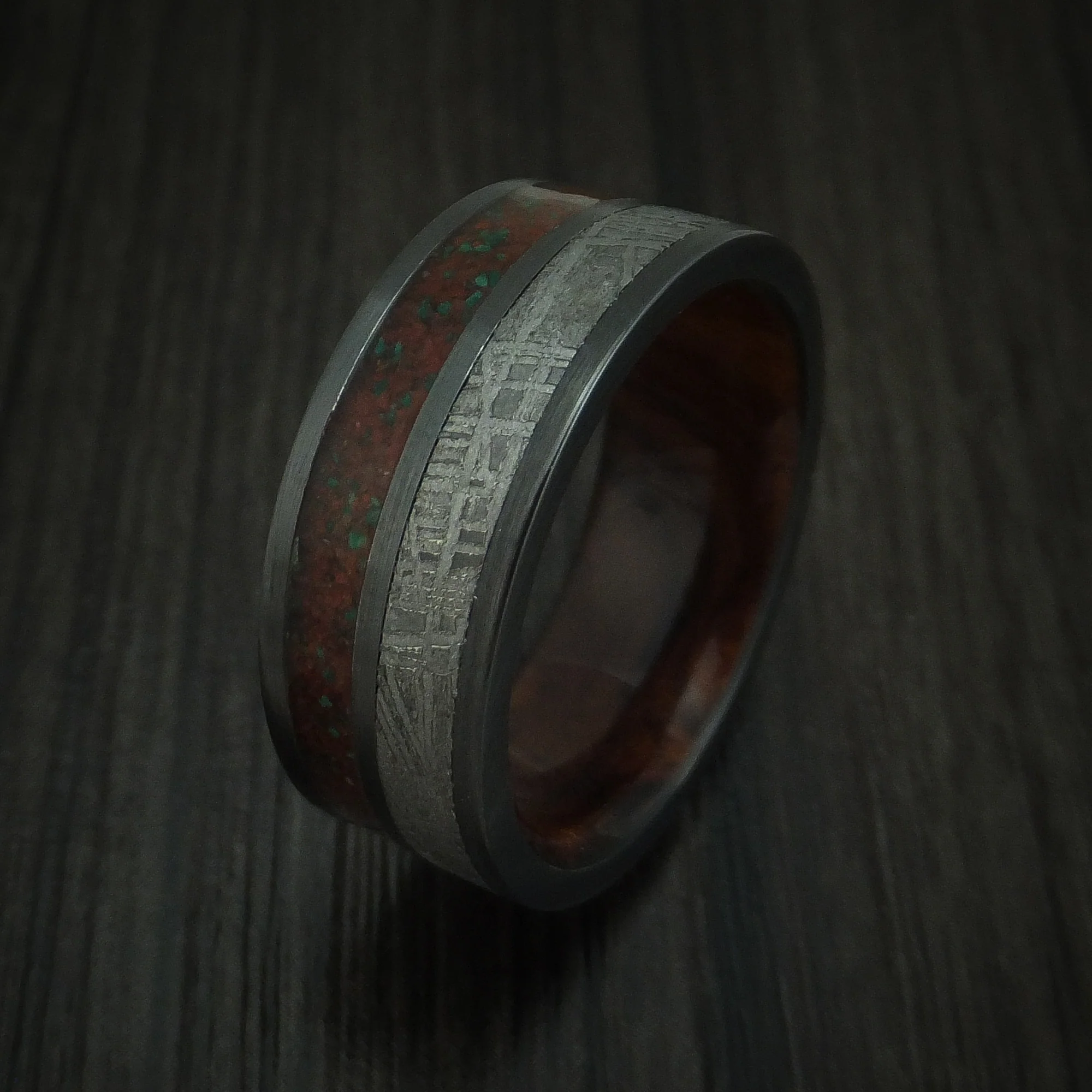 Black Zirconium Mixed Dinosaur Bone And Gibeon Meteorite Men's Ring With Wood Sleeve Custom Made Fossil Band - Image 4