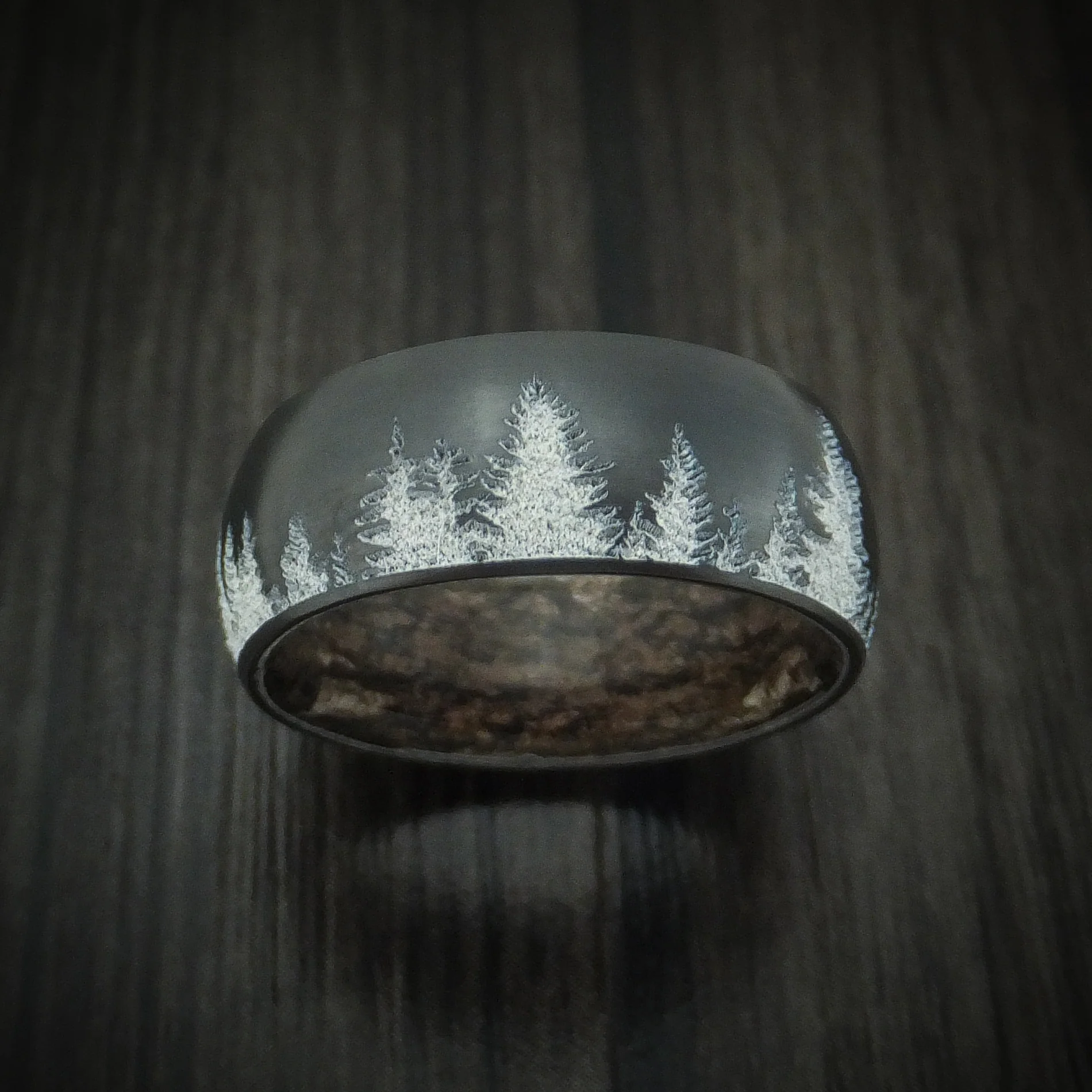 Black Zirconium Spruce Pine Tree Men's Ring with Camo Sleeve Custom Made Wedding Band - Image 2