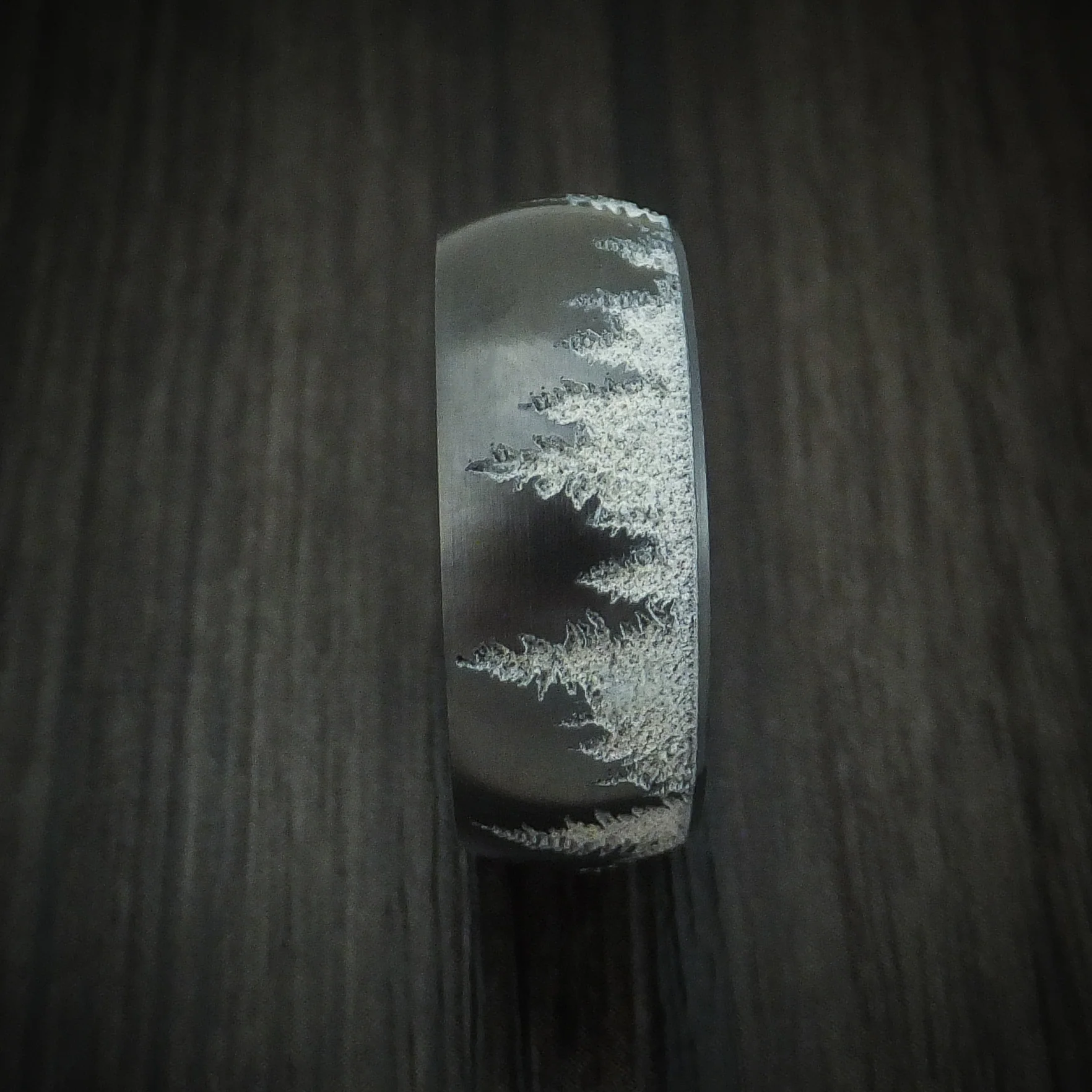 Black Zirconium Spruce Pine Tree Men's Ring with Camo Sleeve Custom Made Wedding Band - Image 3