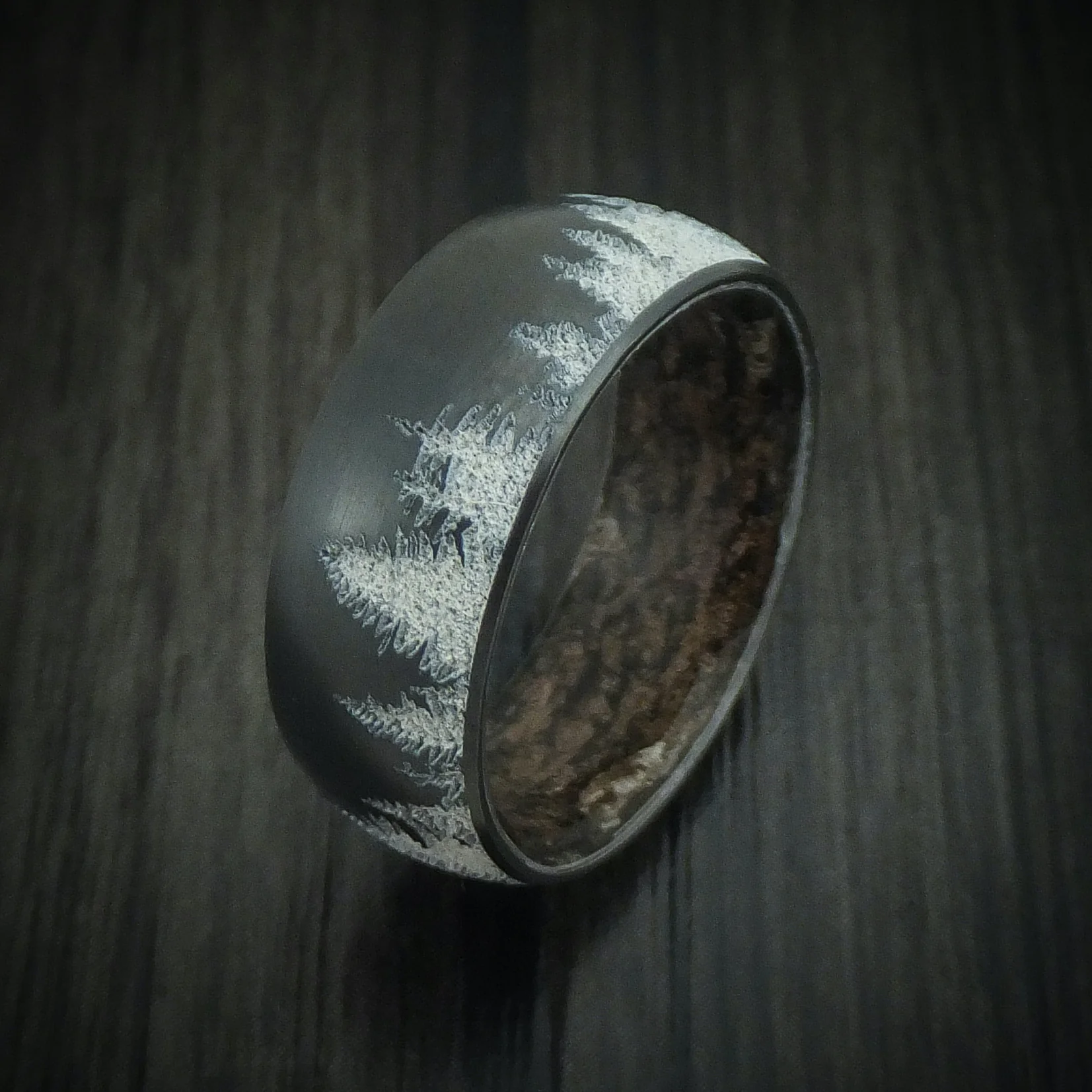 Black Zirconium Spruce Pine Tree Men's Ring with Camo Sleeve Custom Made Wedding Band - Image 4