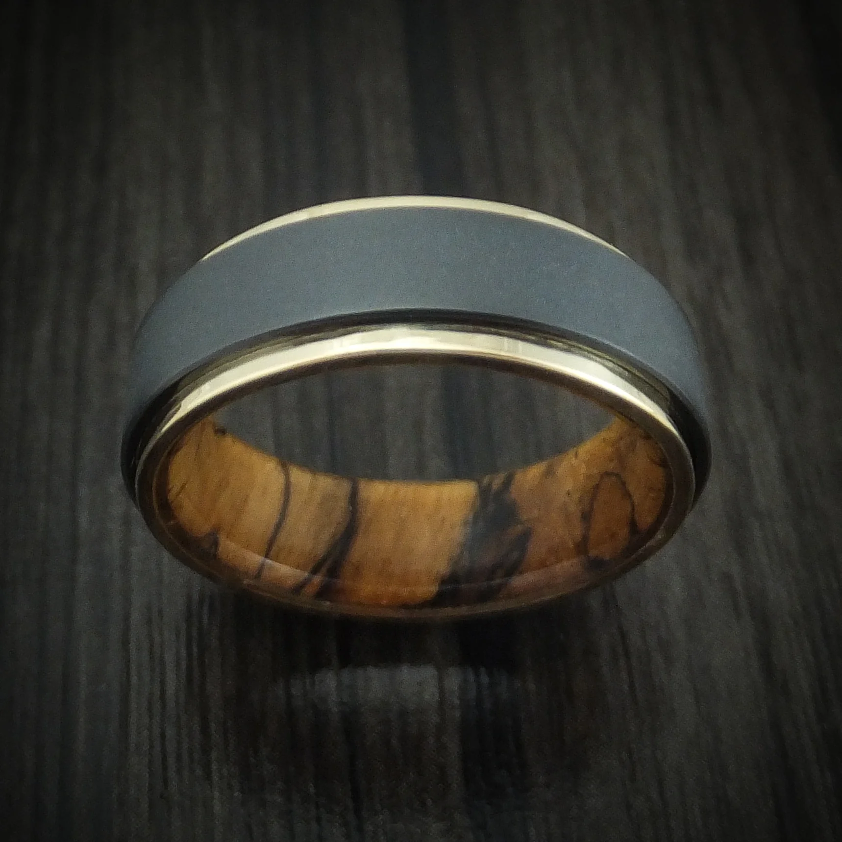 Black Zirconium Men's Ring with 14K Gold Edges and Wood Sleeve Custom Made - Image 2