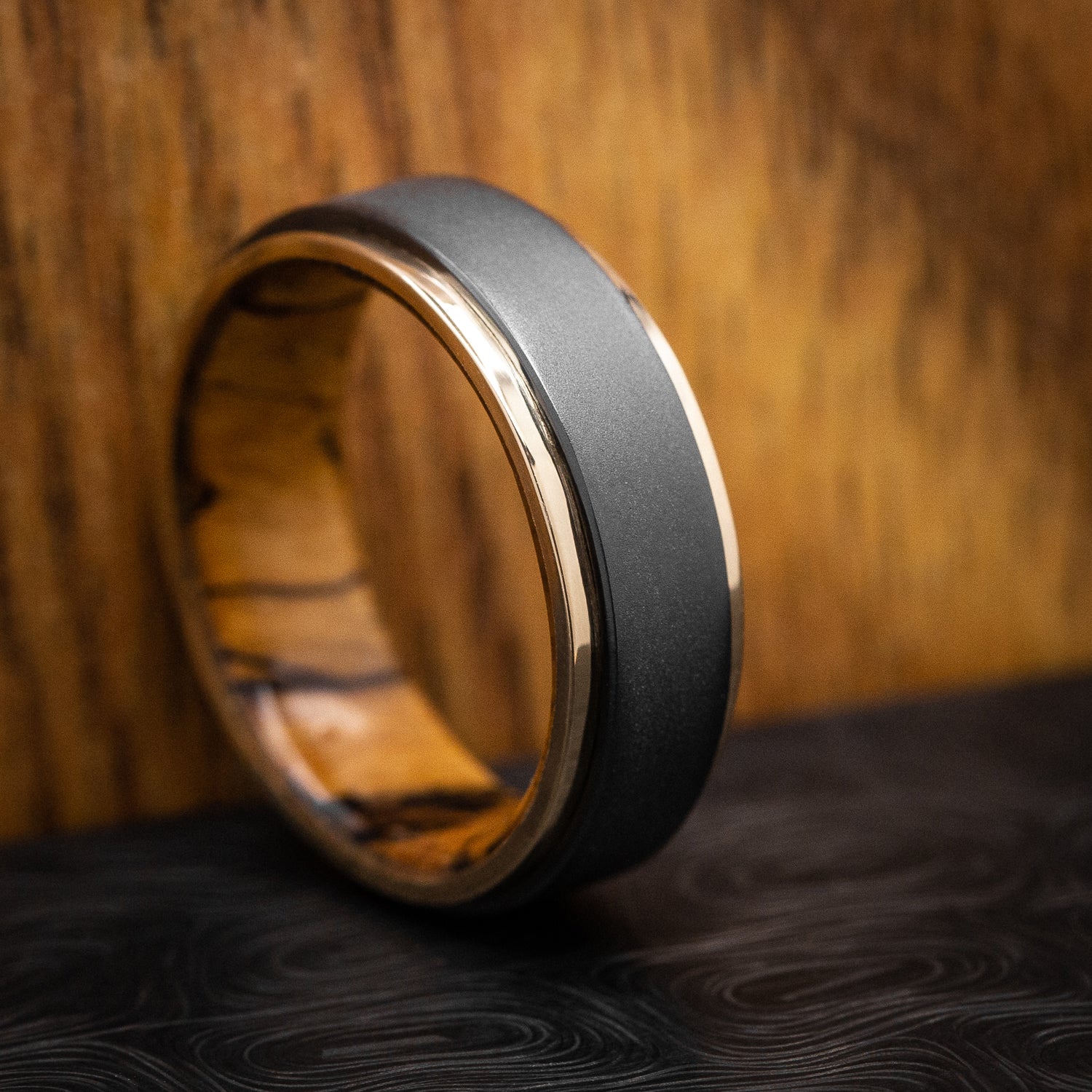Black Zirconium Men's Ring with 14K Gold Edges and Wood Sleeve Custom Made - Image 5