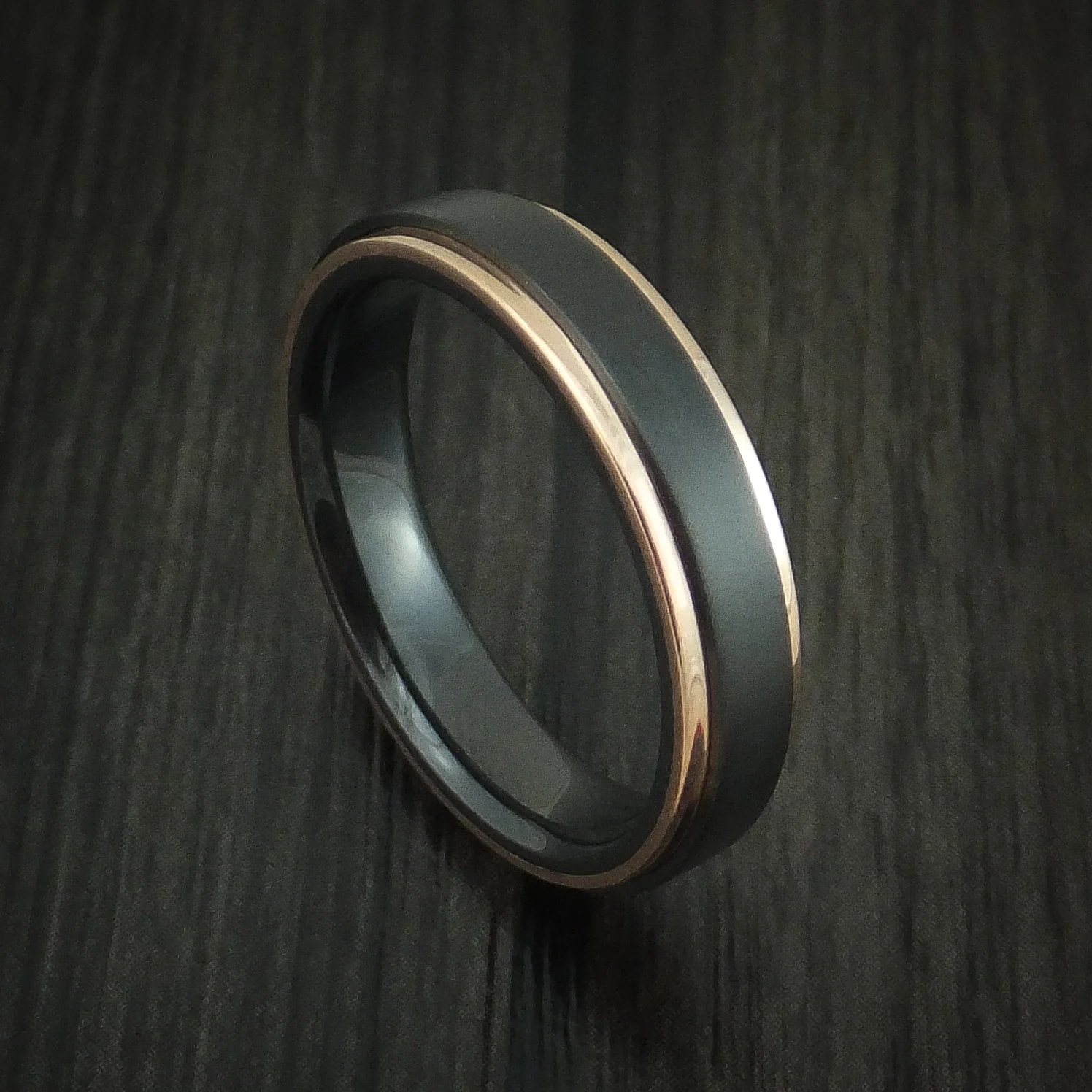 Black Zirconium Men's Ring with 14K Rose Gold Edges Custom Made Band