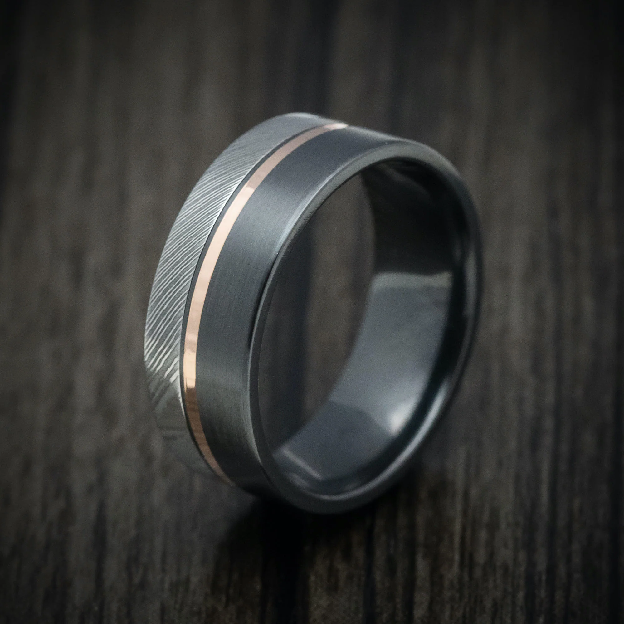 Black Zirconium Men's Ring with Damascus Steel and 14K Gold Inlay Custom Made Band - Image 4