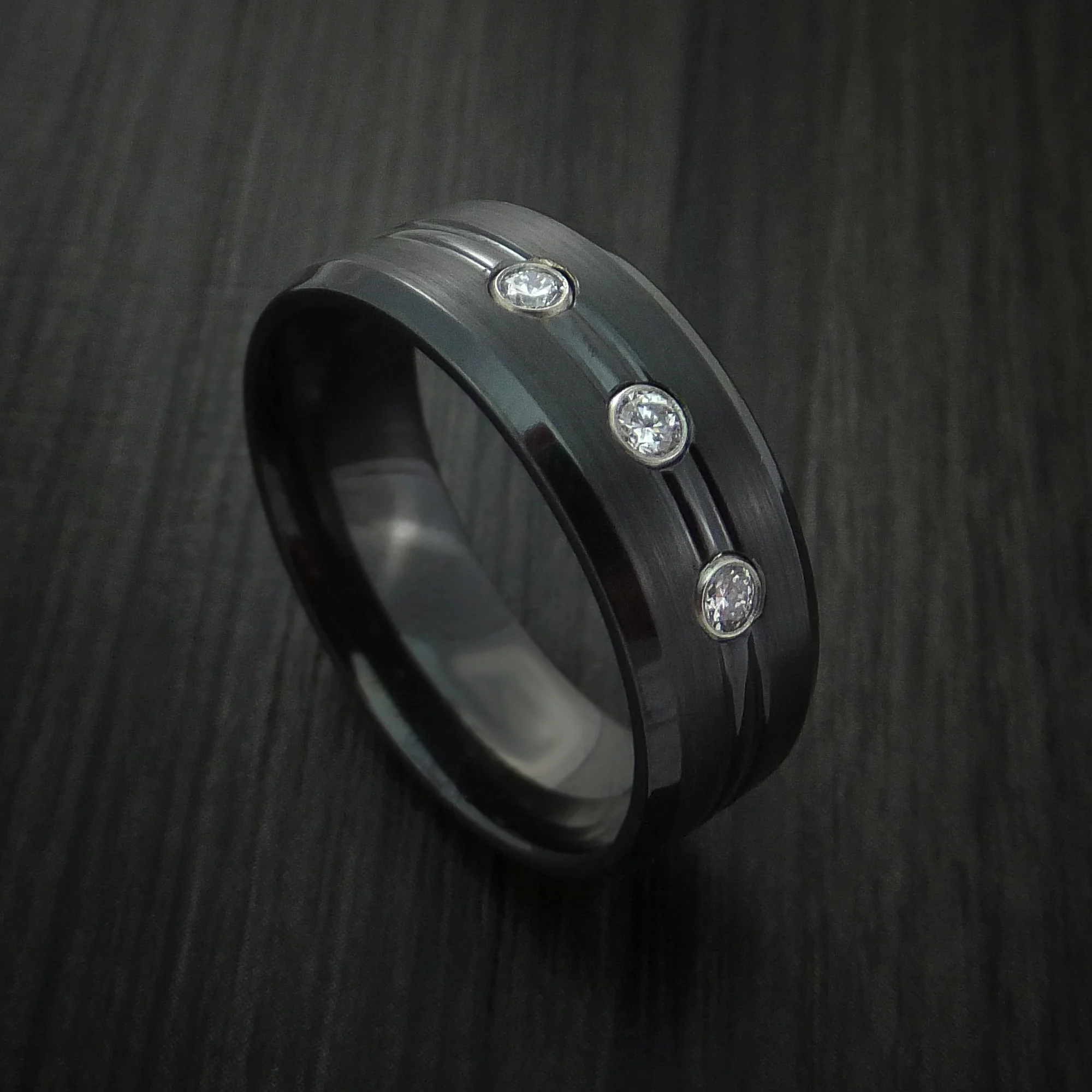 Black Zirconium Men's Ring with Diamonds Custom Made Band