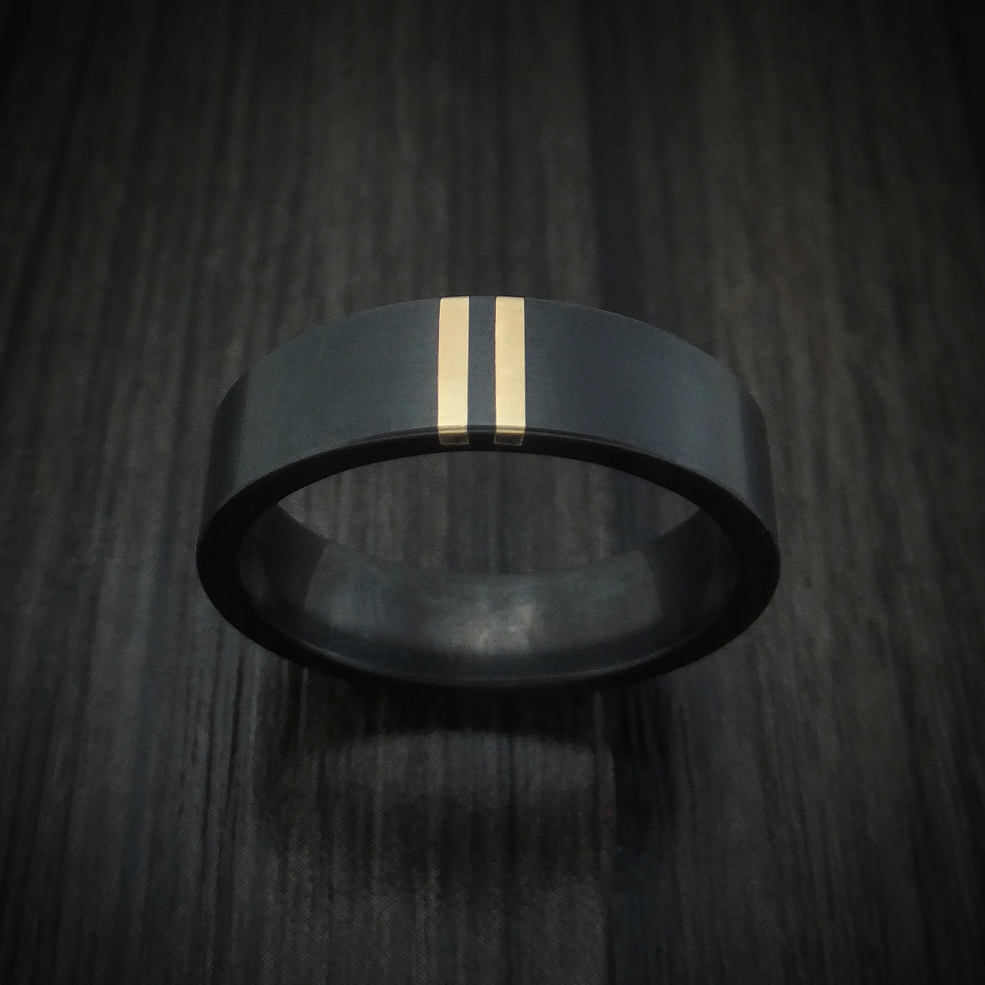 Black Zirconium Men's Ring with Double 14K Gold Inlays Custom Made - Image 2