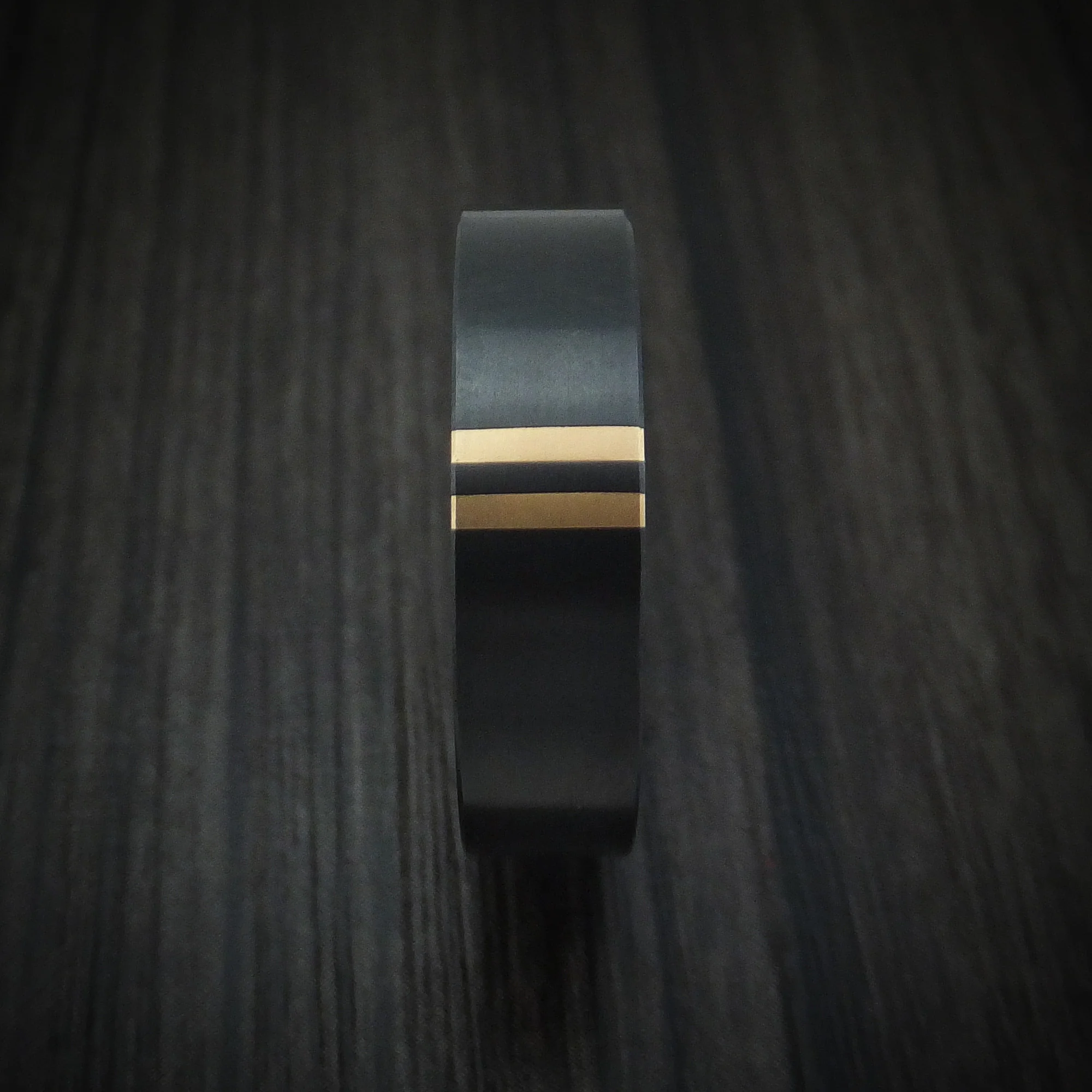 Black Zirconium Men's Ring with Double 14K Gold Inlays Custom Made - Image 3