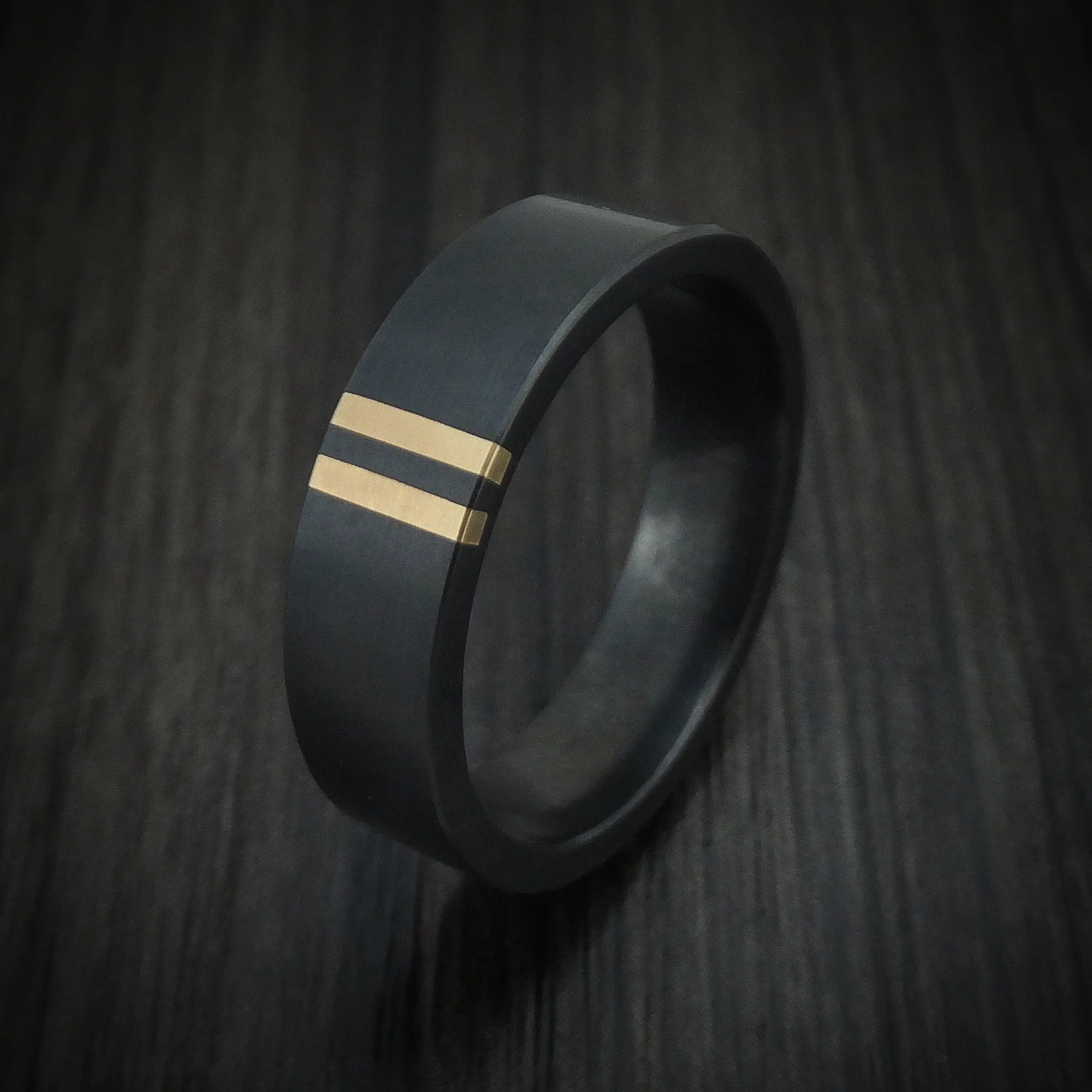 Black Zirconium Men's Ring with Double 14K Gold Inlays Custom Made - Image 4