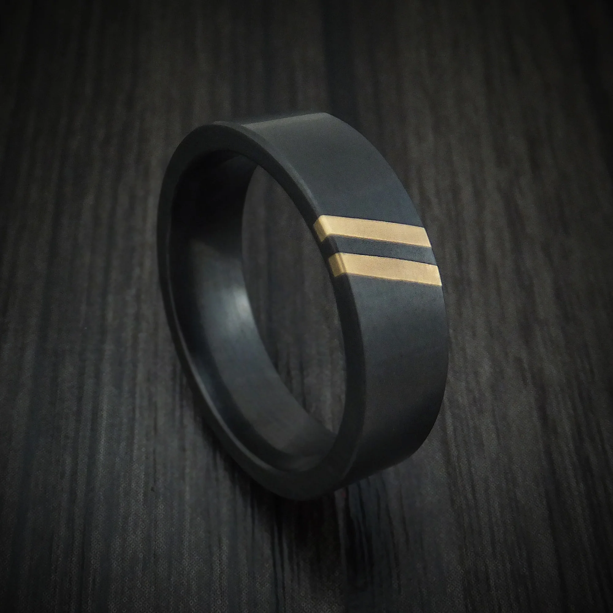 Black Zirconium Men's Ring with Double Angled 22K Gold Inlays Custom Made
