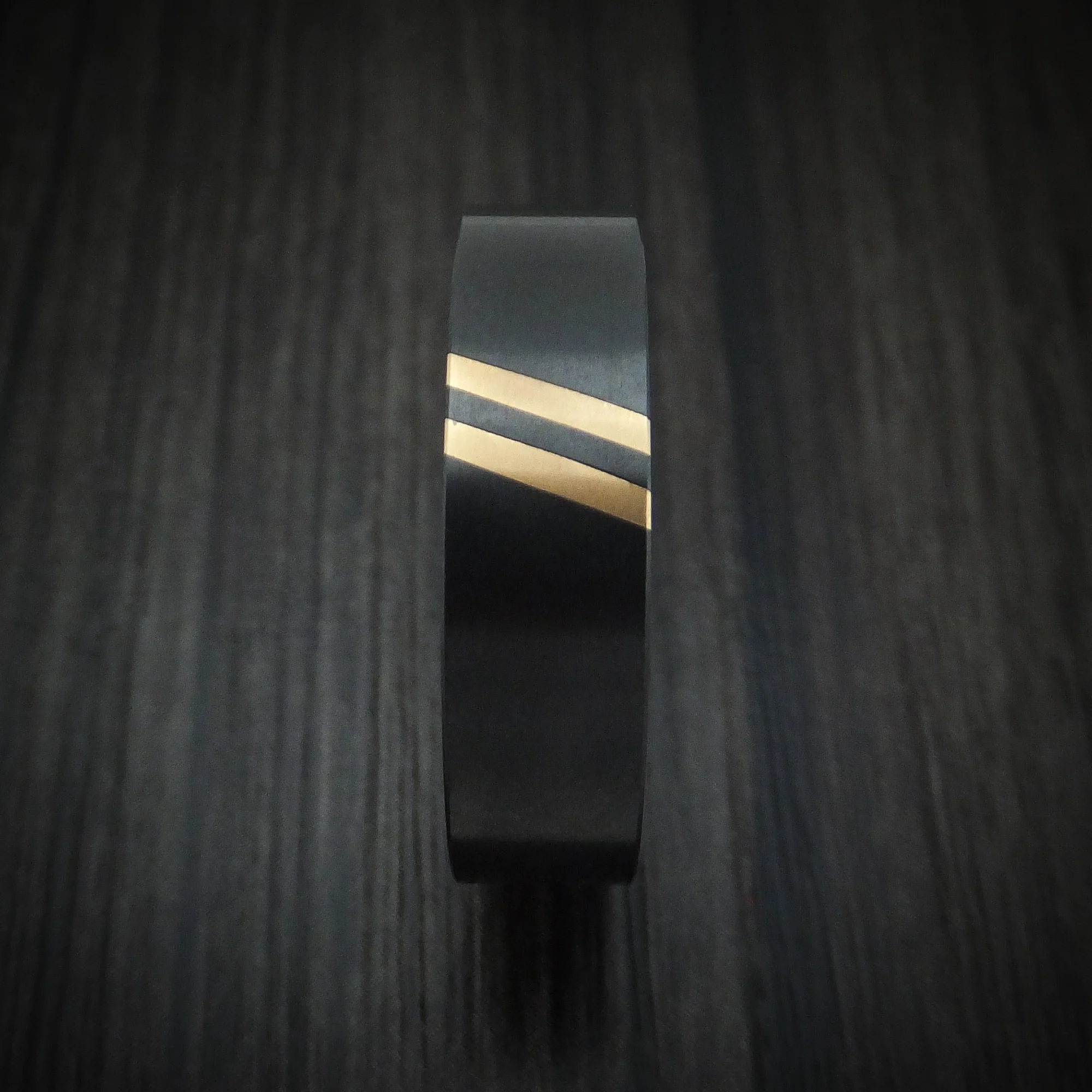 Black Zirconium Men's Ring with Double Angled 22K Gold Inlays Custom Made - Image 3