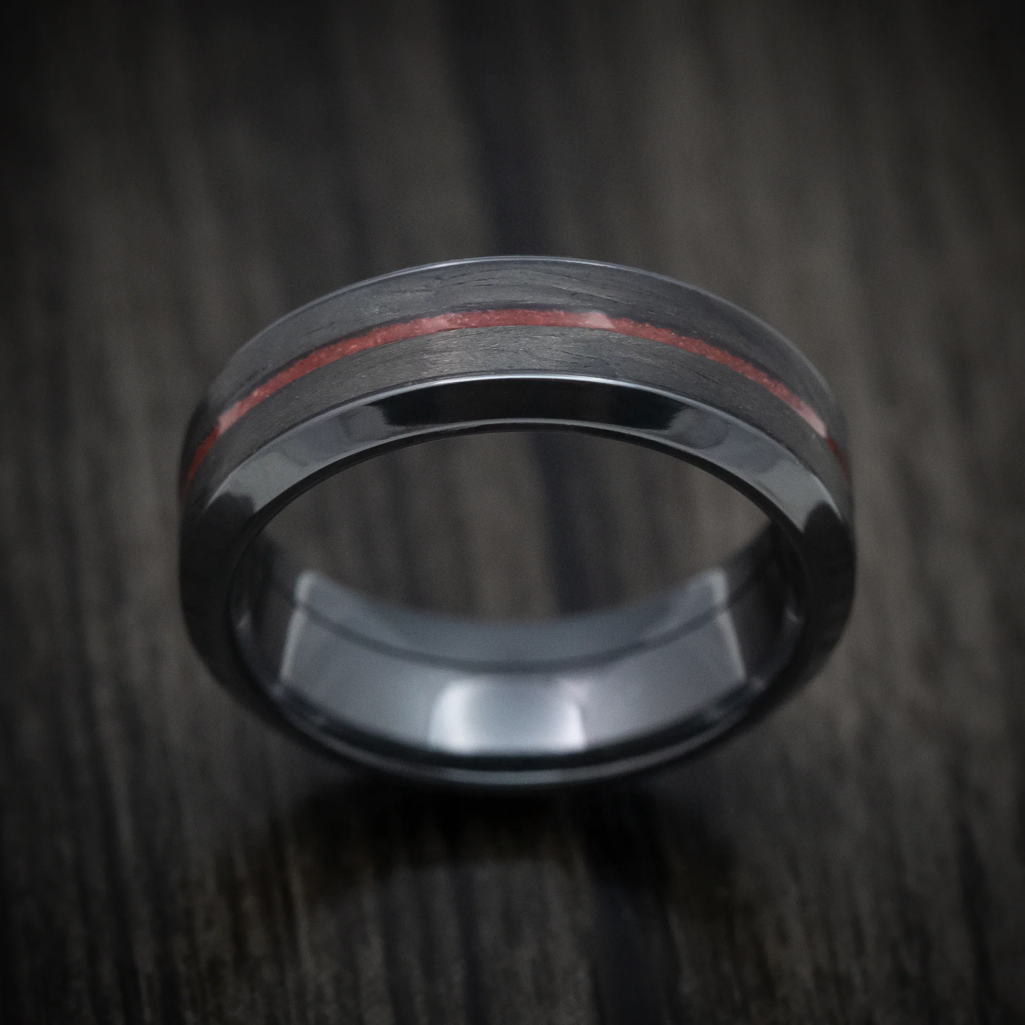 Black Zirconium Men's Ring with Forged Carbon Fiber and Coral Inlays Custom Made Band - Image 2