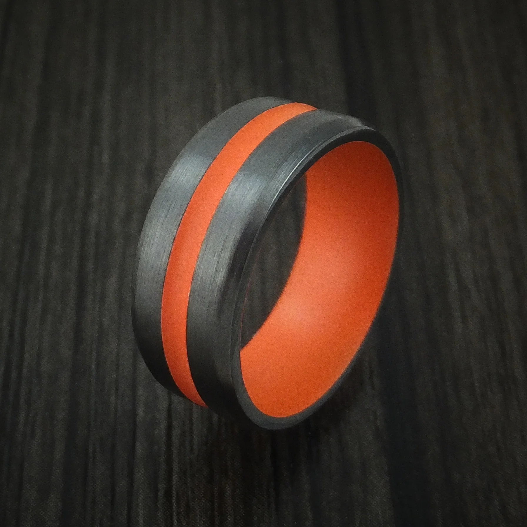 Black Zirconium Men's Ring with Hunter Orange Cerakote Groove and Sleeve Custom Made Band - Image 4