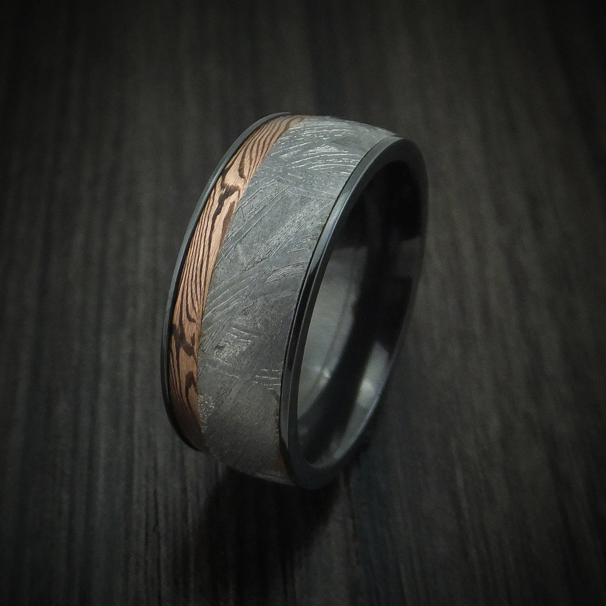 Black Zirconium Men's Ring with Meteorite and Mokume Shakudo Inlays Custom Made - Image 4