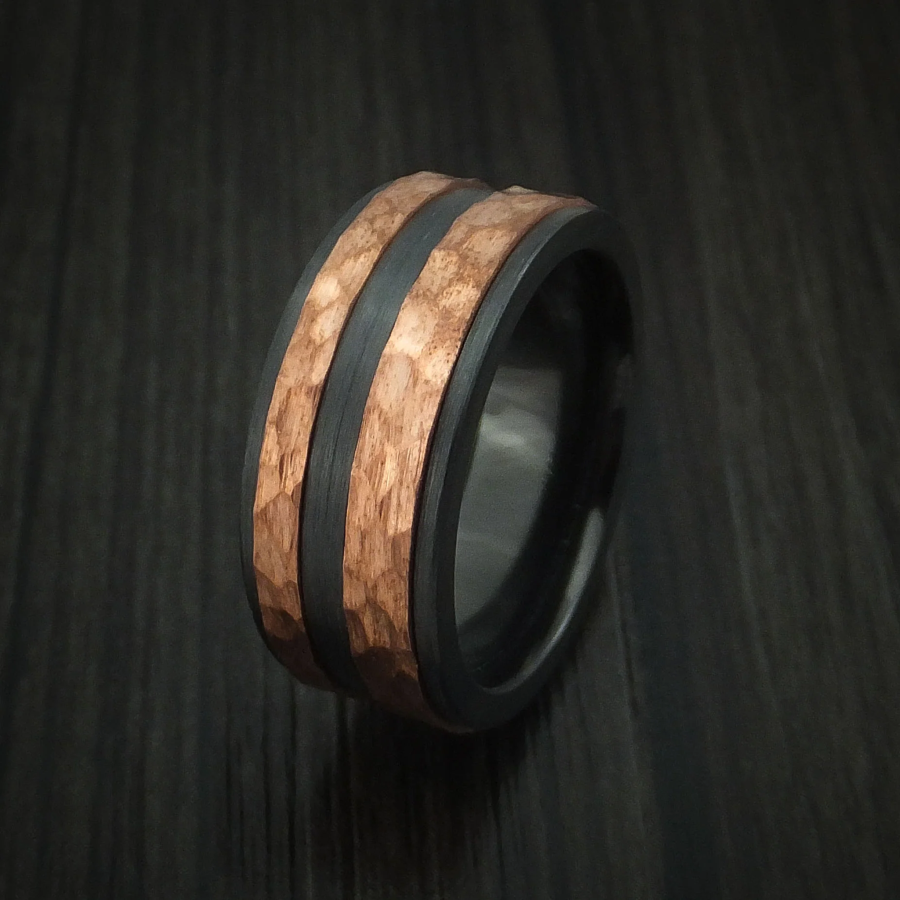 Black Zirconium Men's Ring with Raised Hammered Copper Inlays Custom Made Band - Image 4