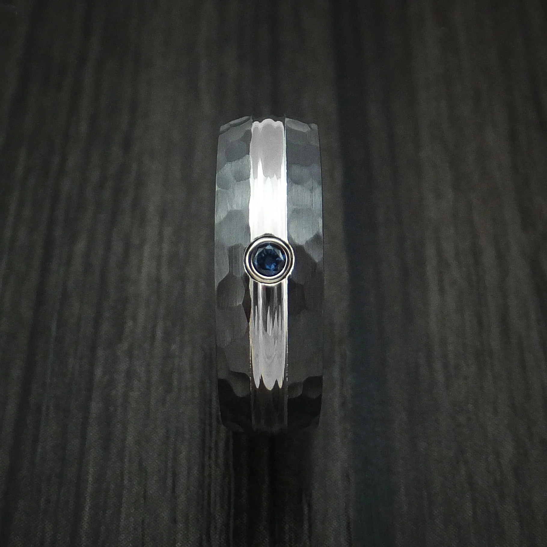 Black Zirconium Men's Ring with Sapphire and Hammer Finish Custom Made Band - Image 3
