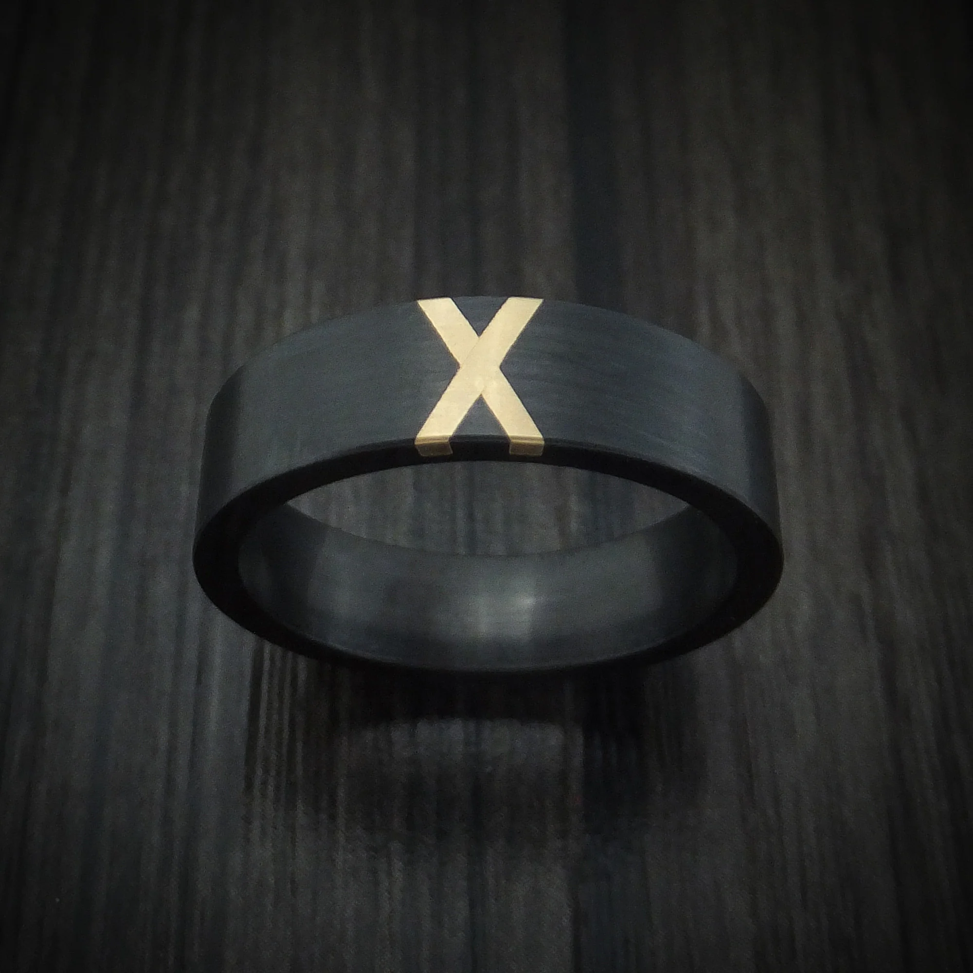 Black Zirconium Men's Ring with X Shaped 14K Gold Inlay Custom Made - Image 2