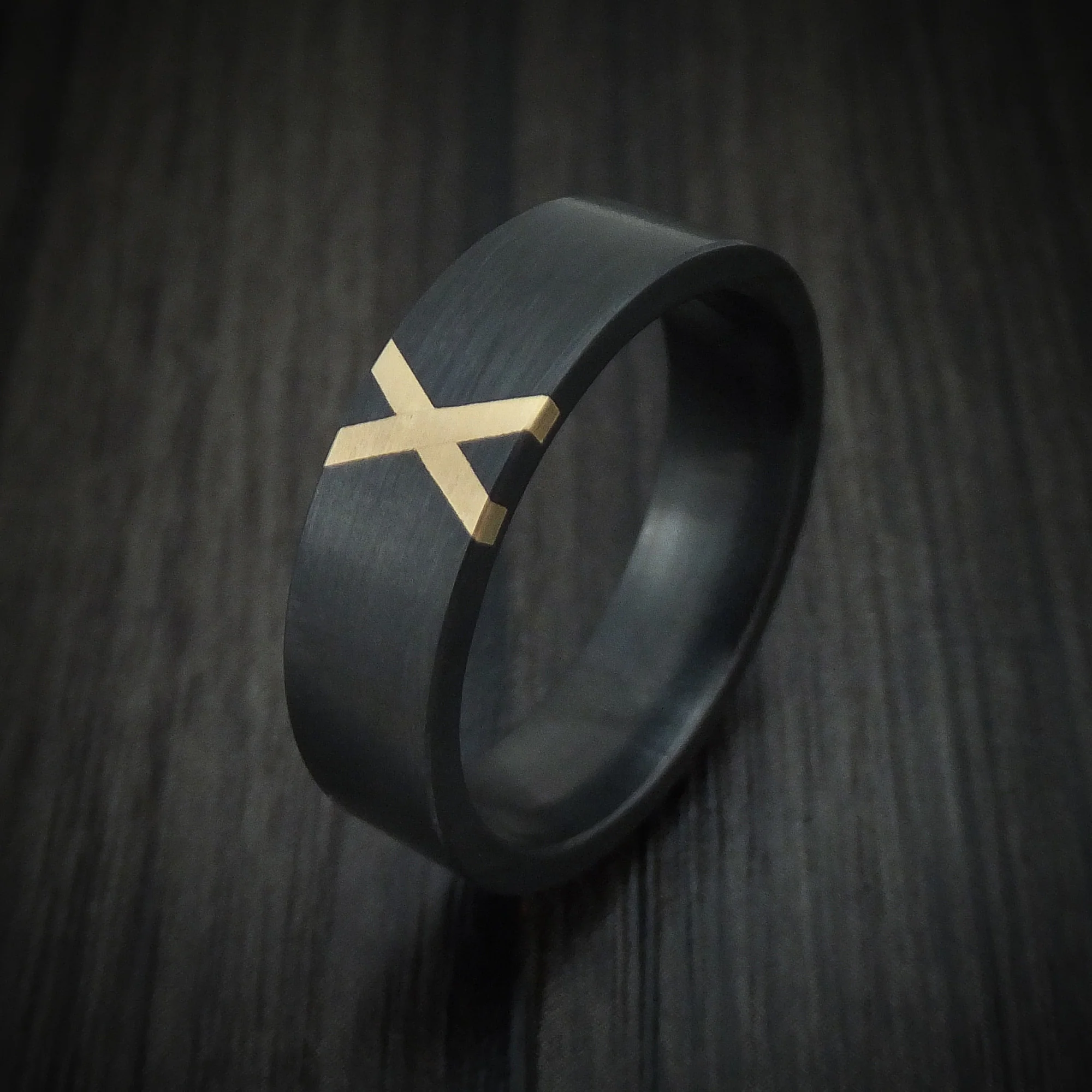 Black Zirconium Men's Ring with X Shaped 14K Gold Inlay Custom Made - Image 4
