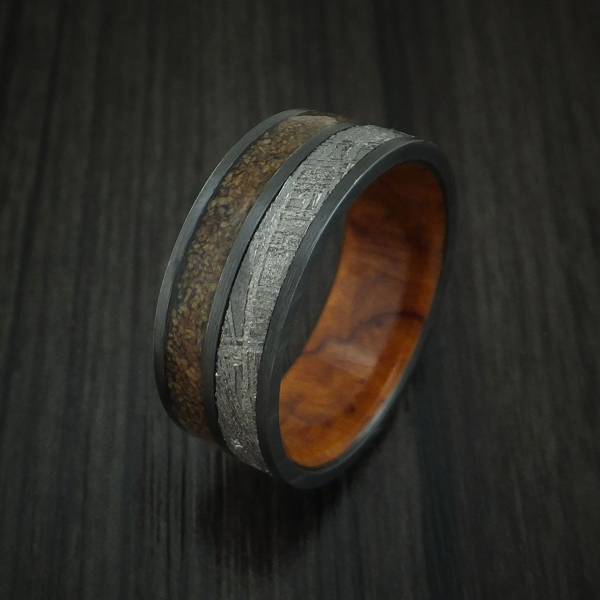 Black Zirconium Tan Dinosaur Bone and Gibeon Meteorite Men's Ring with Desert Ironwood Burl Wood Sleeve Custom Made Fossil Band - Image 4