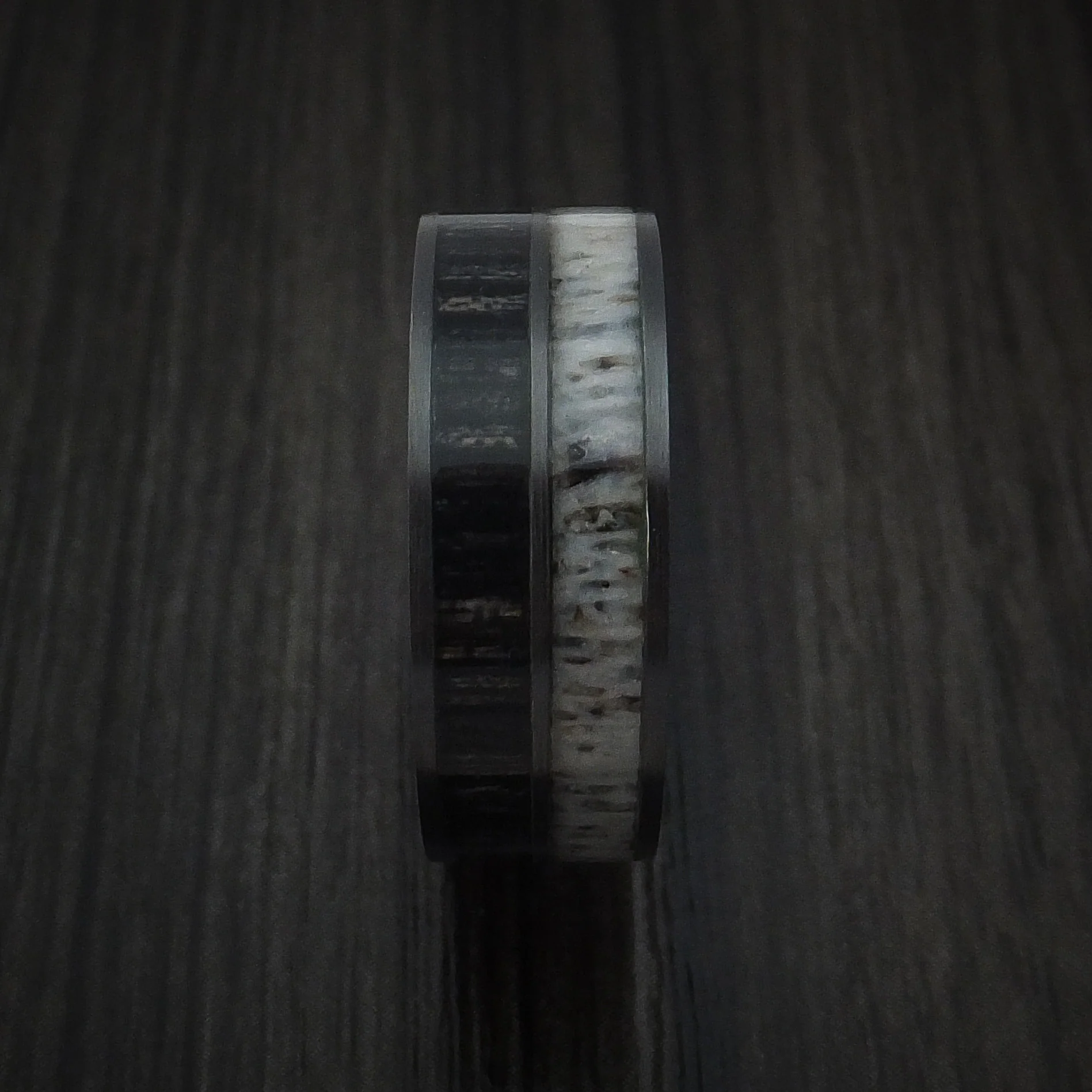 Black Zirconium with Charcoal Wood and Antler Men's Ring Custom Made Band - Image 3