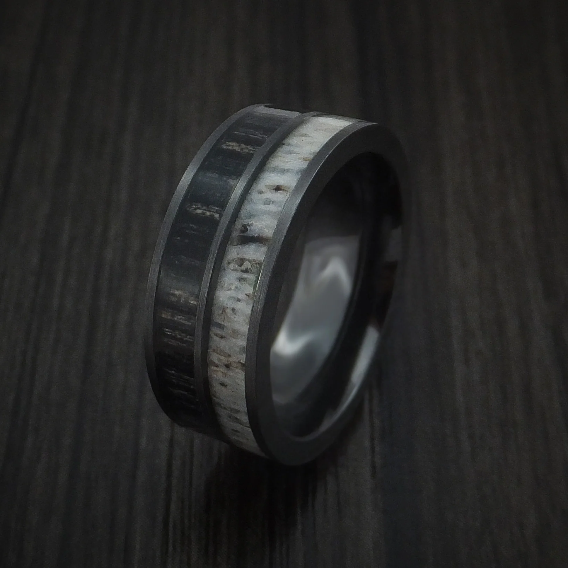 Black Zirconium with Charcoal Wood and Antler Men's Ring Custom Made Band - Image 4