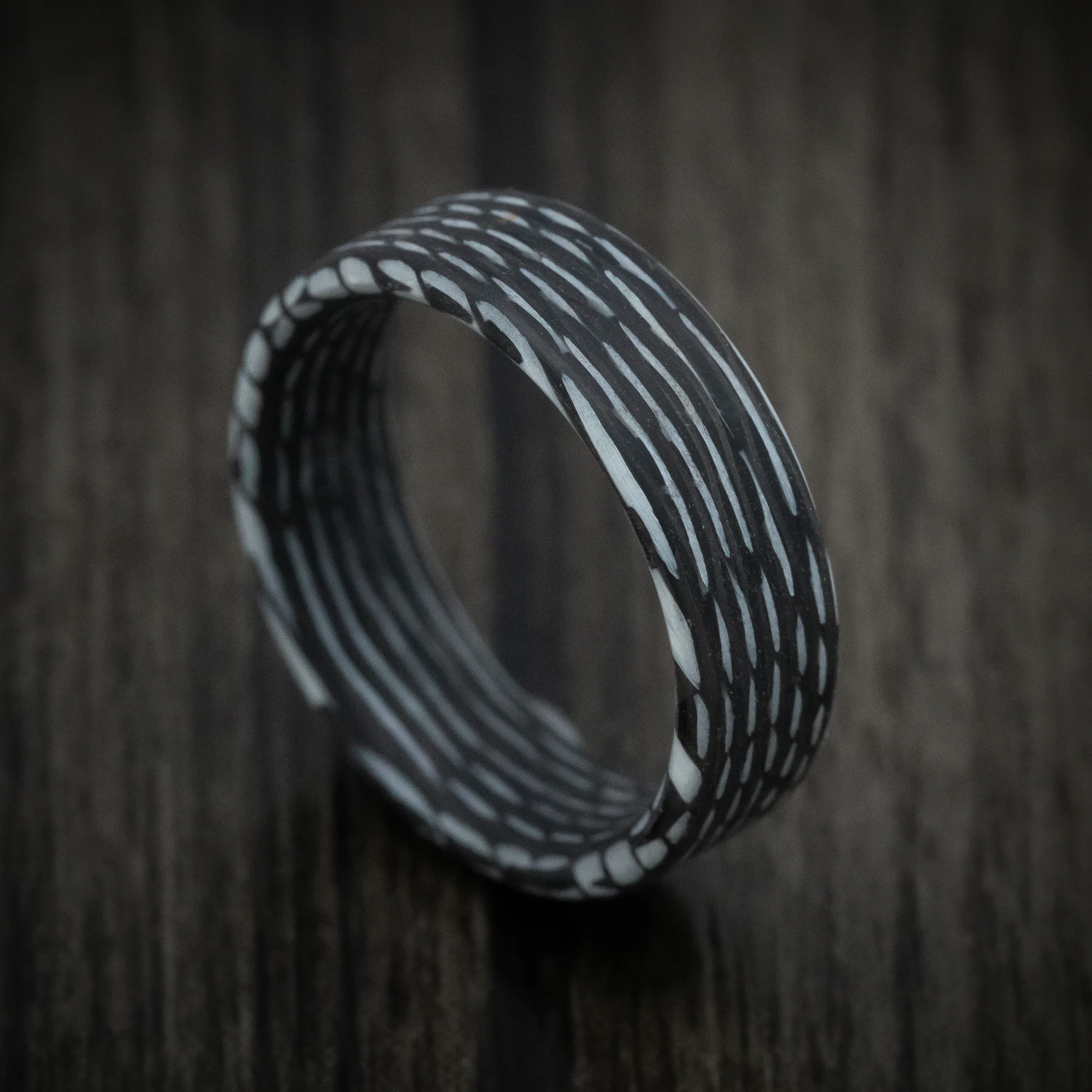 Carbon Fiber and White Wave Pattern Ring